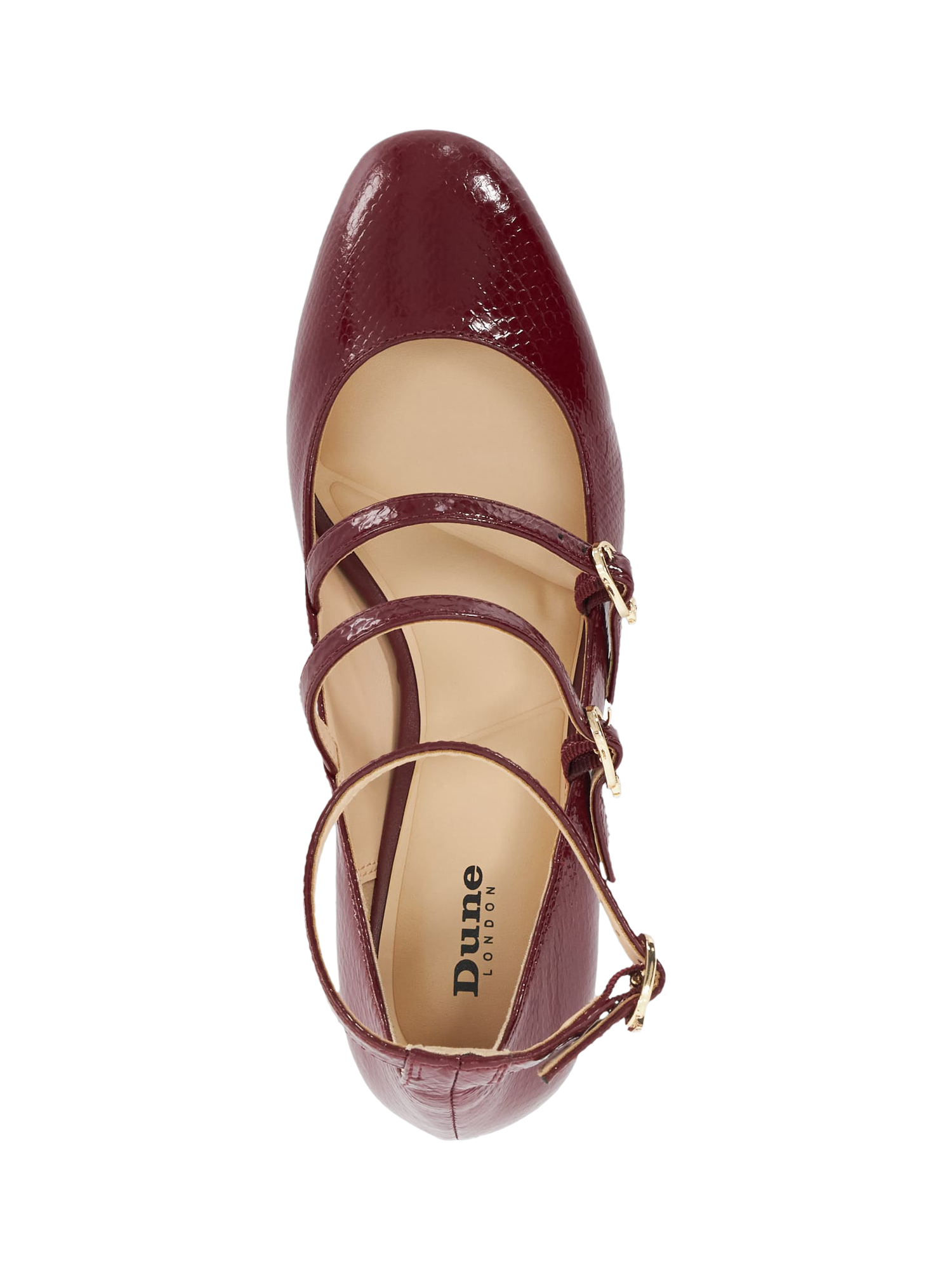 Dune Approach Leather Triple Strap Heeled Mary Janes Burgundy