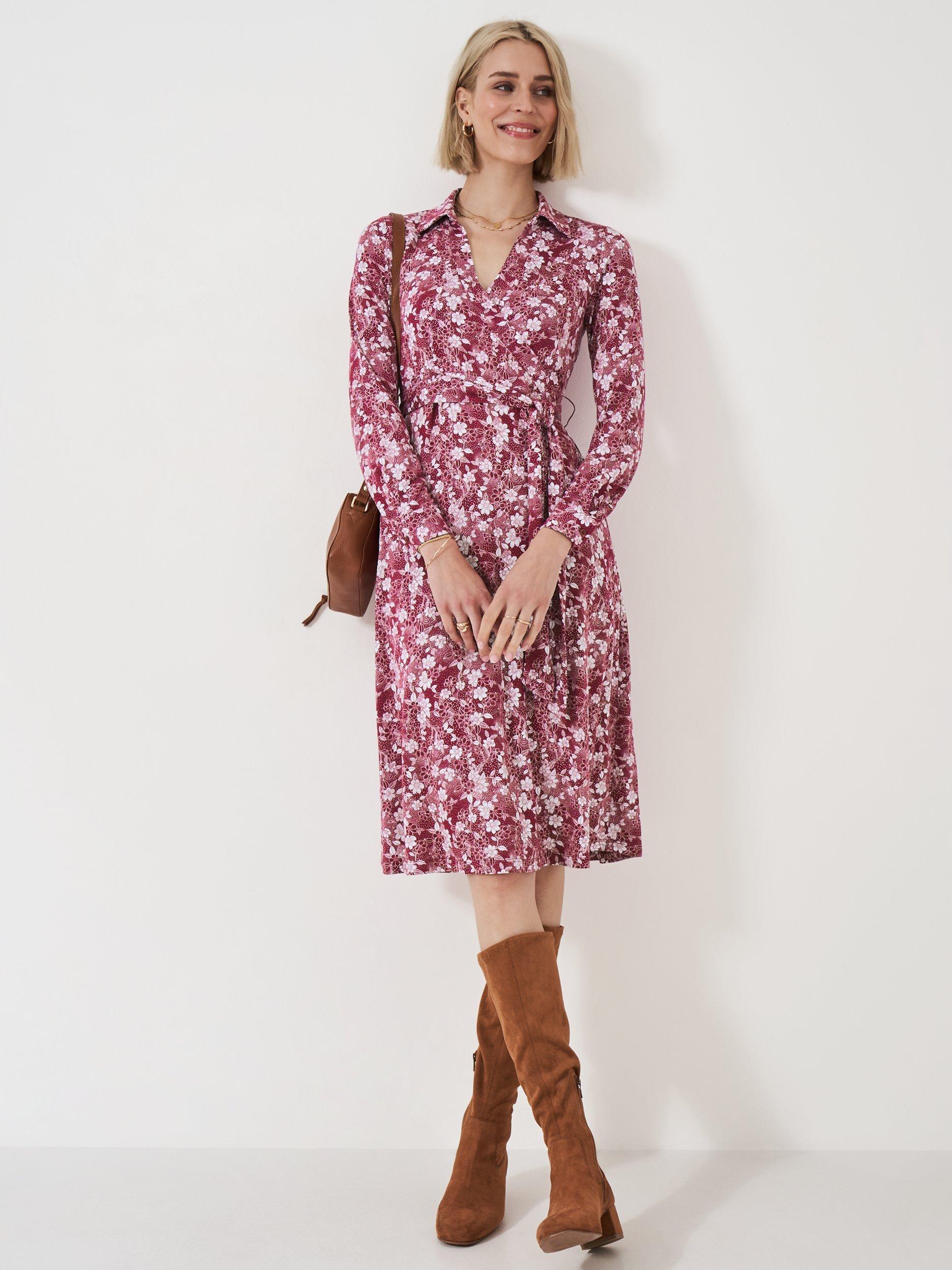 Crew Clothing Floral Wrap Midi Dress, Maroon Red
