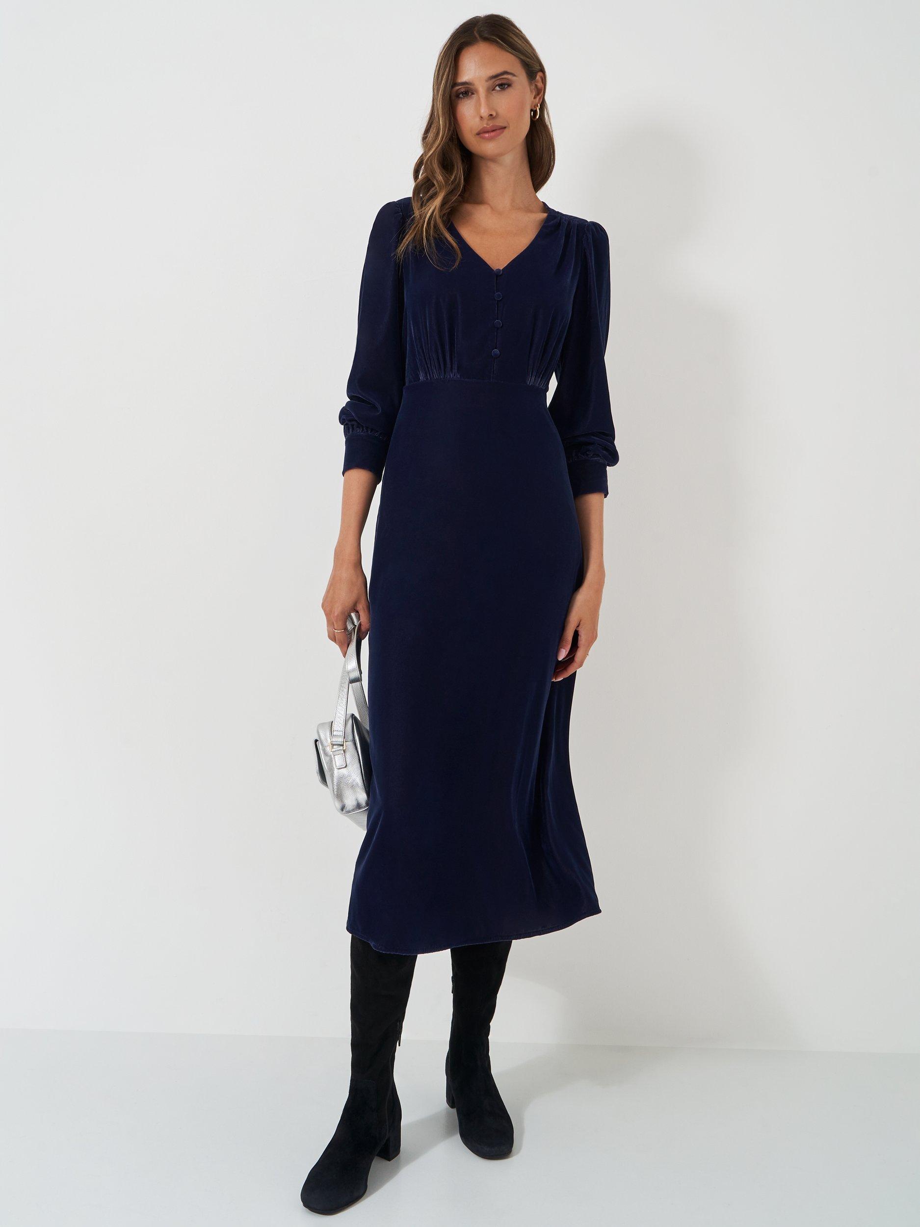 Crew Clothing Velvet Midi Dress, Navy Blue