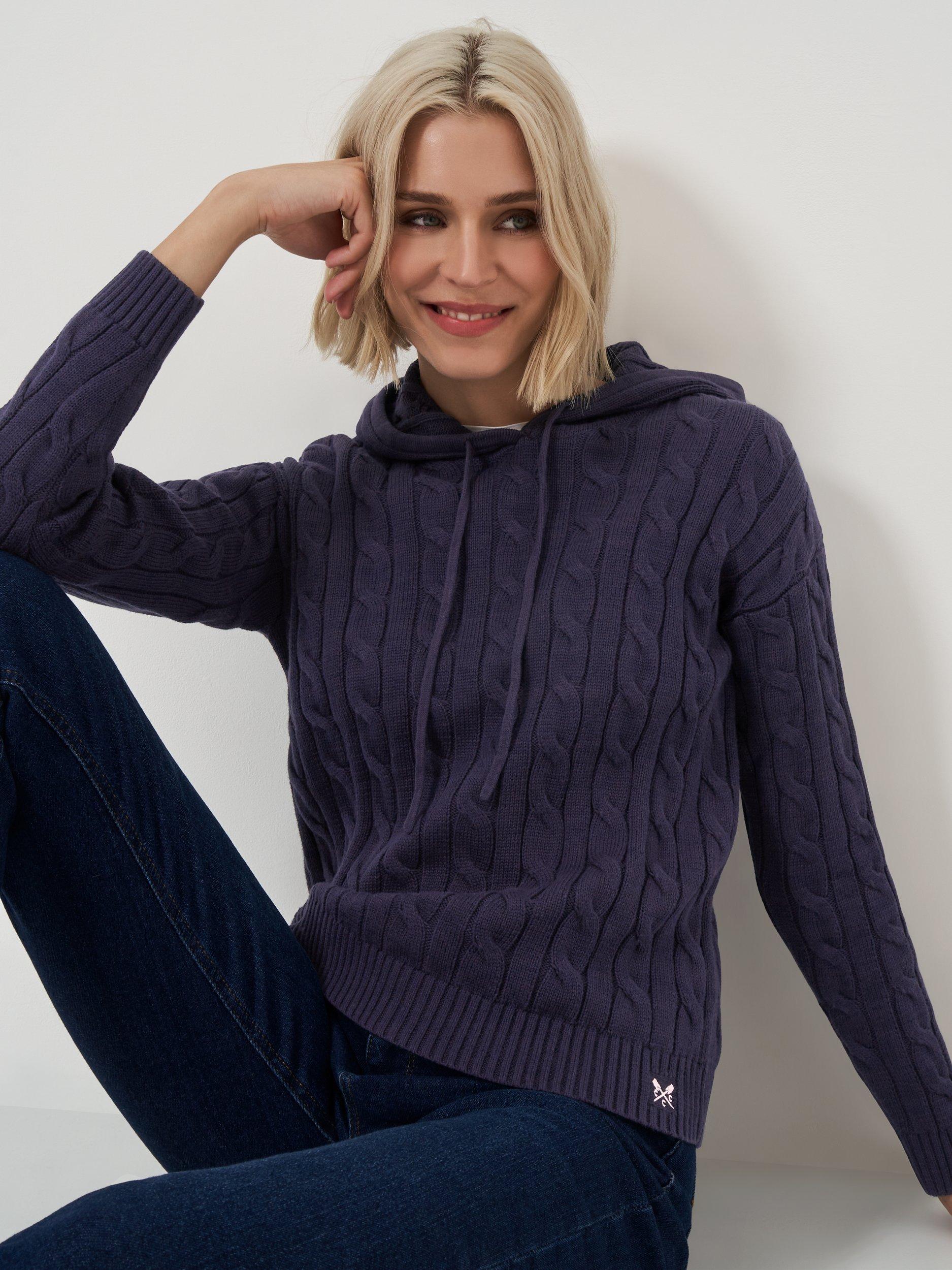 Crew Clothing Cable Knit Hoodie, Navy Blue