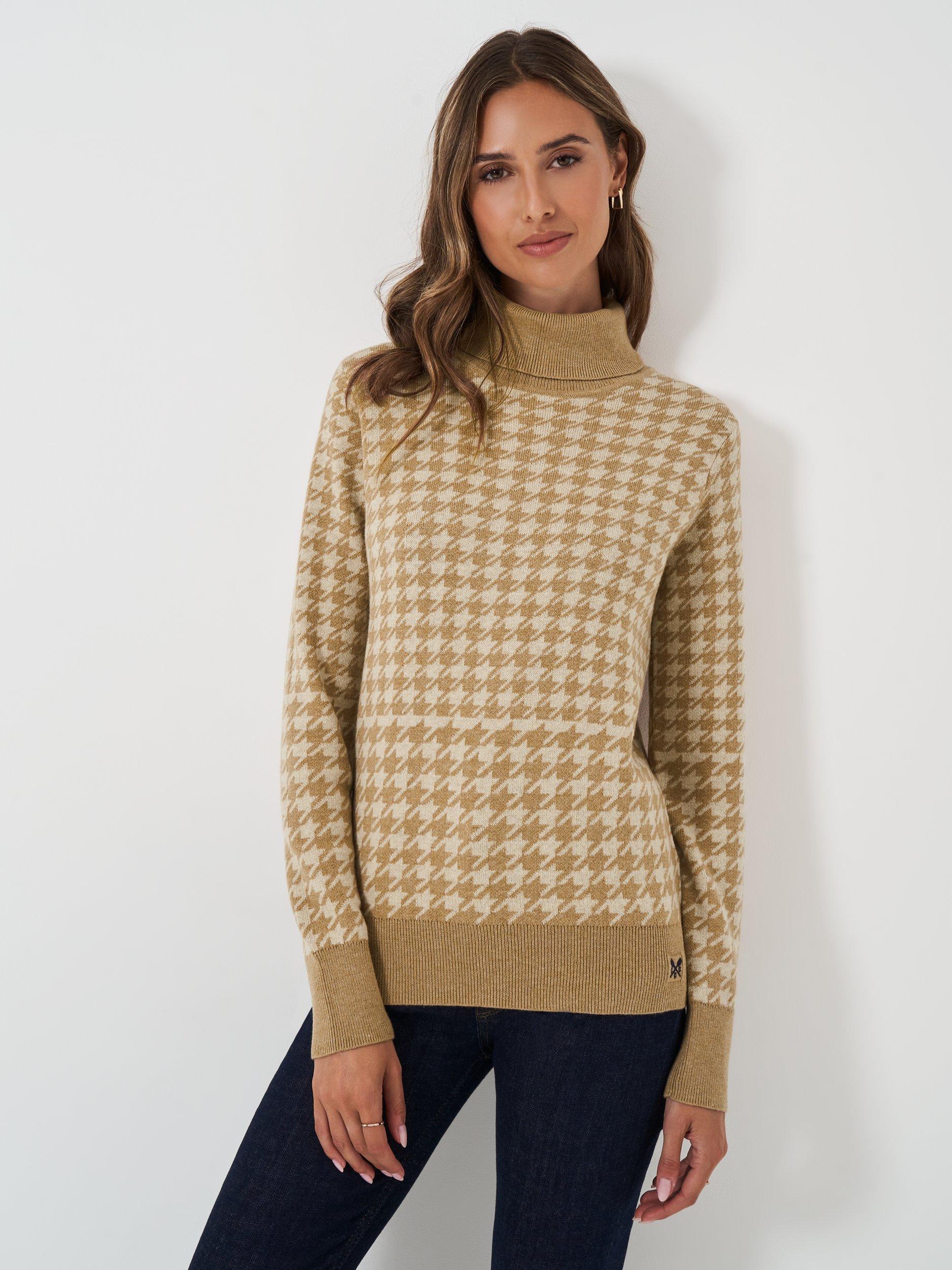 Crew Clothing Houndstooth Roll Neck Jumper, Oatmeal