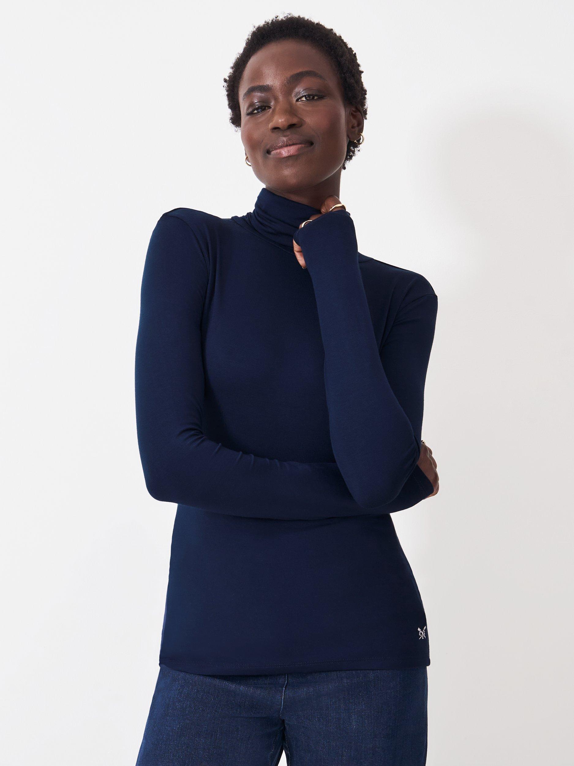 Product image 1 of 5, which shows Crew Clothing Second Skin Roll Neck Modal Top, Navy Blue, 8