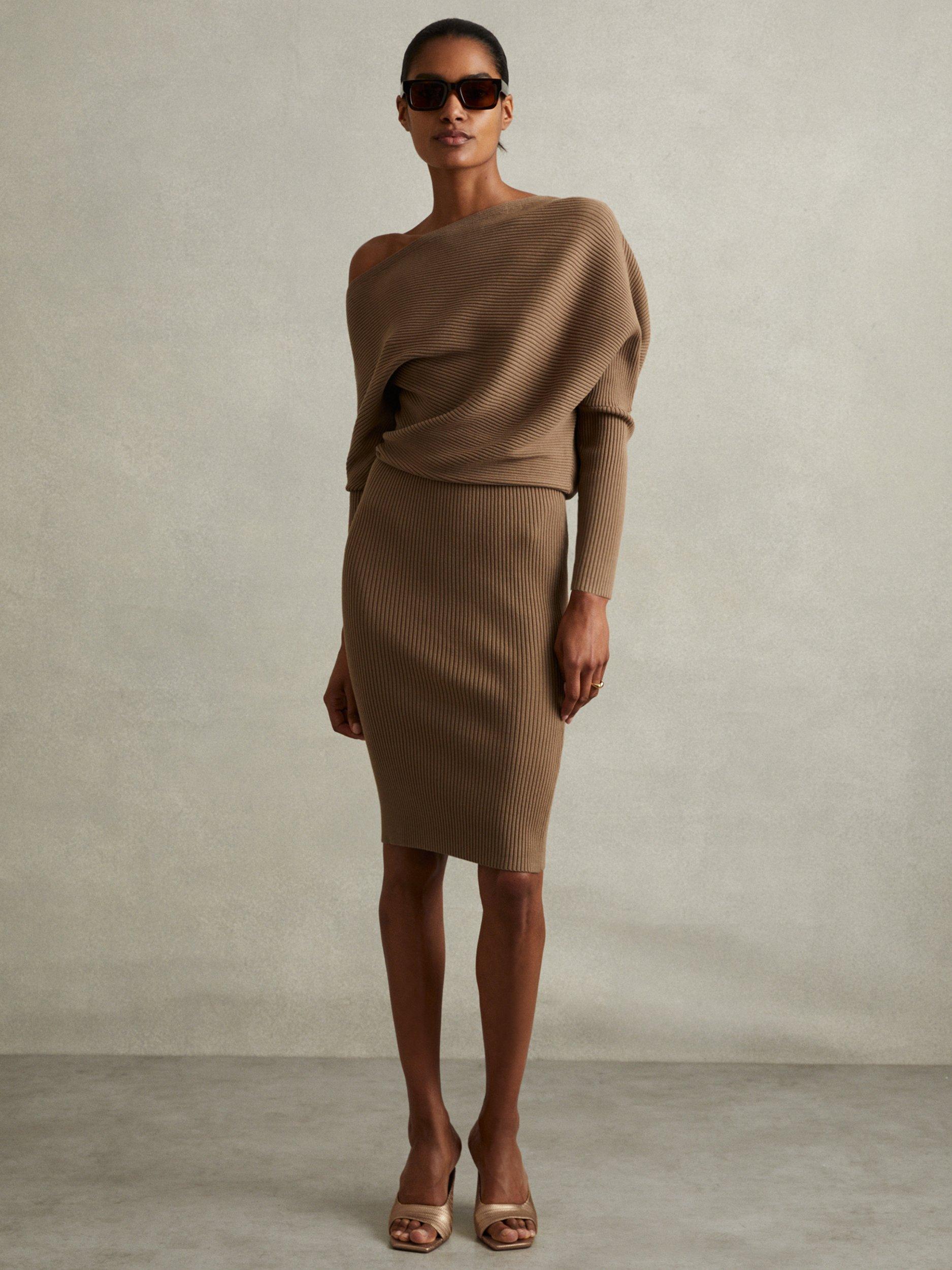 Product image 1 of 5, which shows Reiss Lara Ribbed Knee Length Jumper Dress, Mink, XS