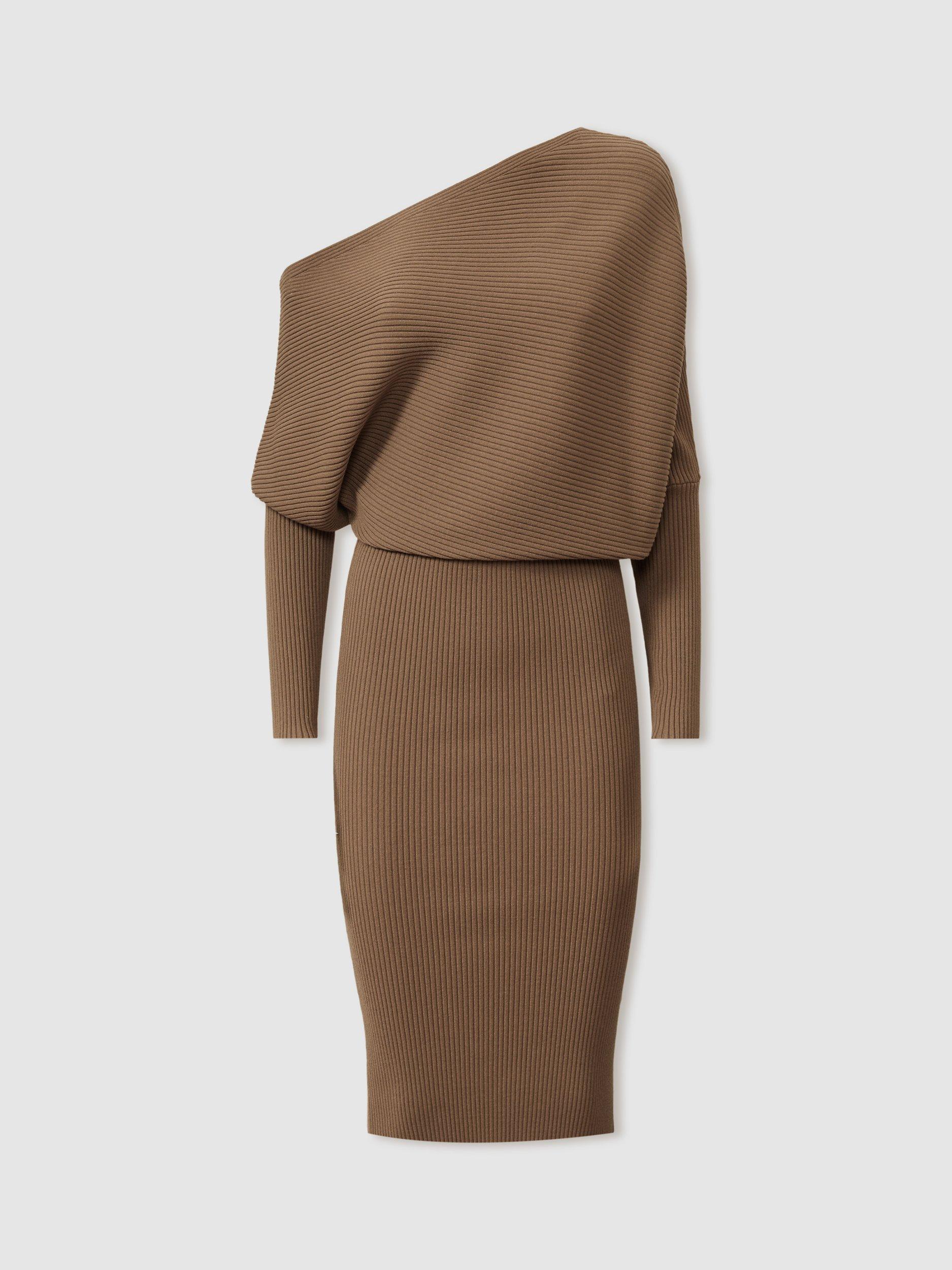 Product image 5 of 5, which shows Reiss Lara Ribbed Knee Length Jumper Dress, Mink, XS