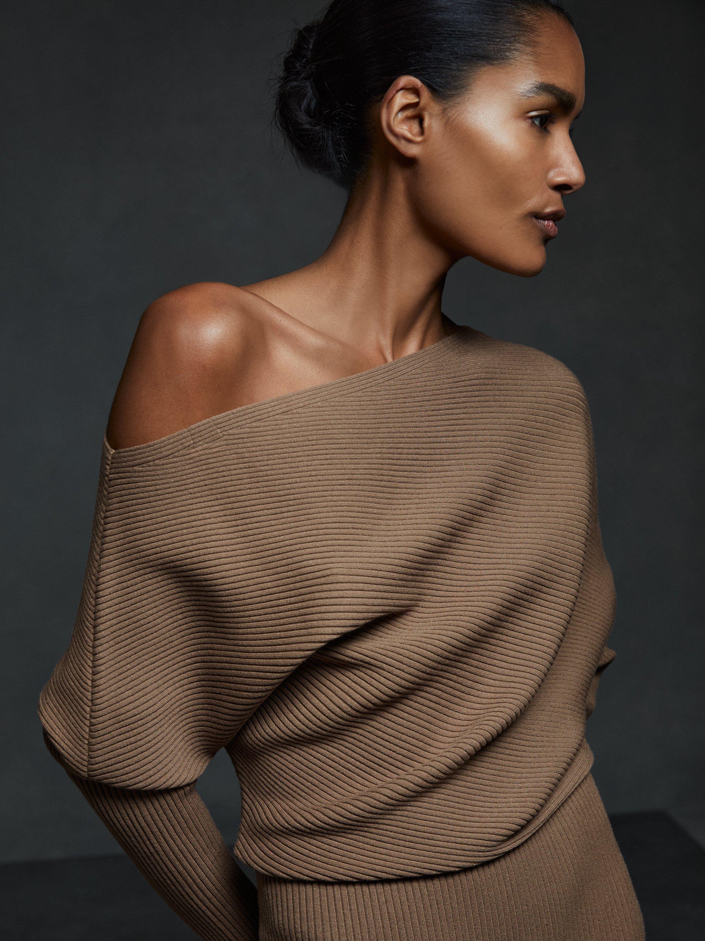 Product image 3 of 5, which shows Reiss Lara Ribbed Knee Length Jumper Dress, Mink, XS