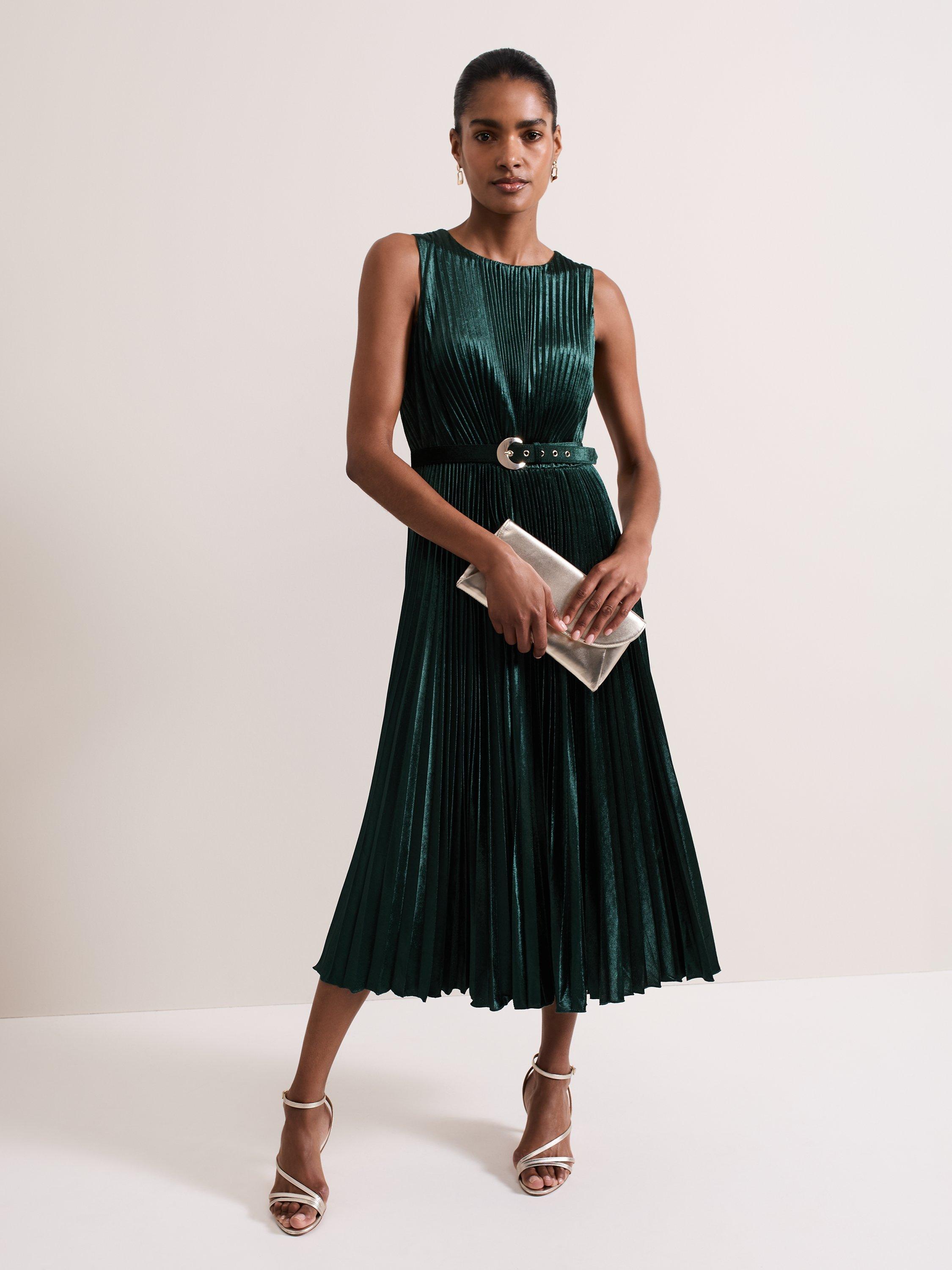 Phase Eight Simara Velvet Pleated Midi Dress Emerald