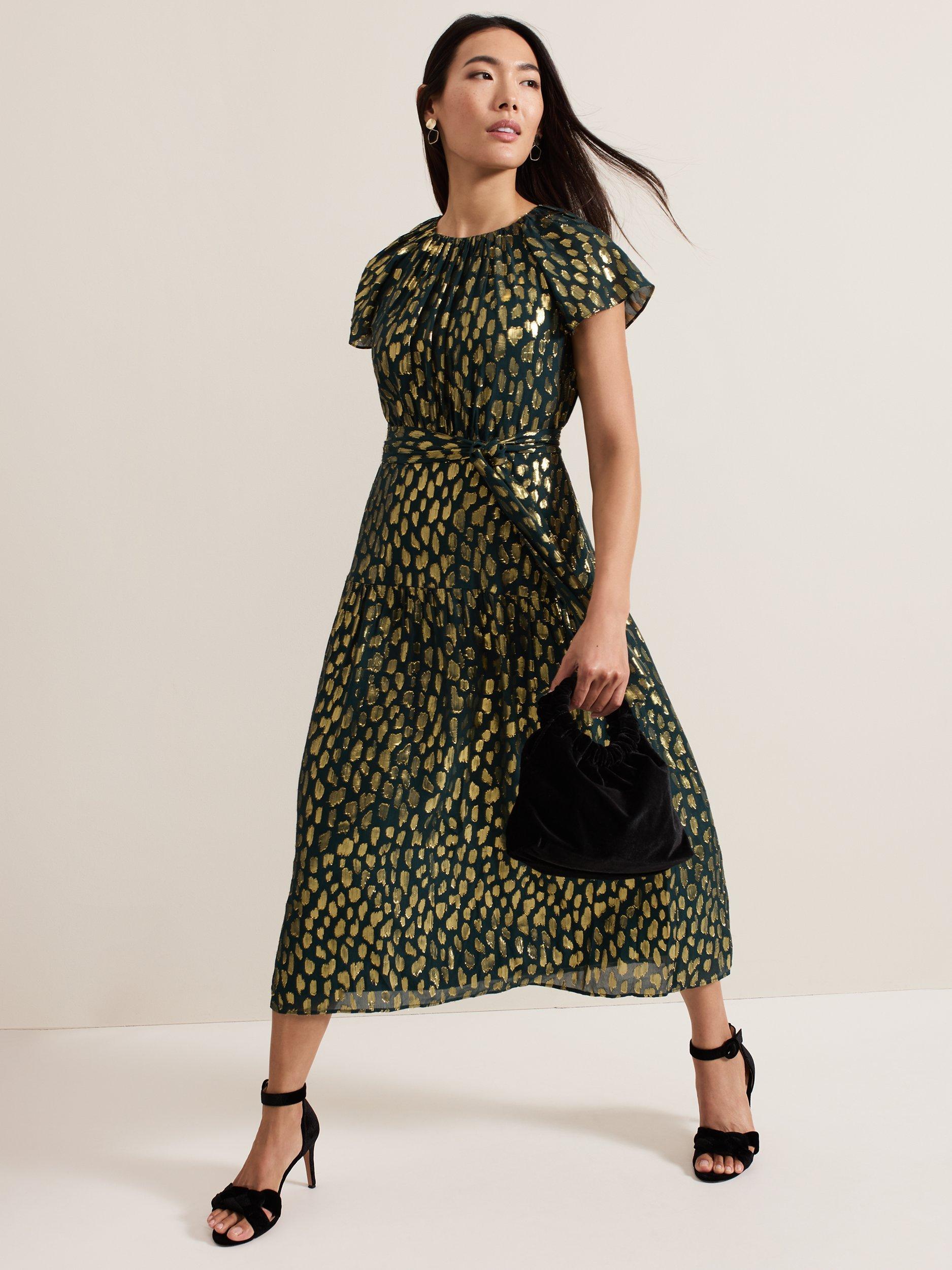 Product image 1 of 7, which shows Phase Eight Lilani Dress, Dark Green/Gold, 12