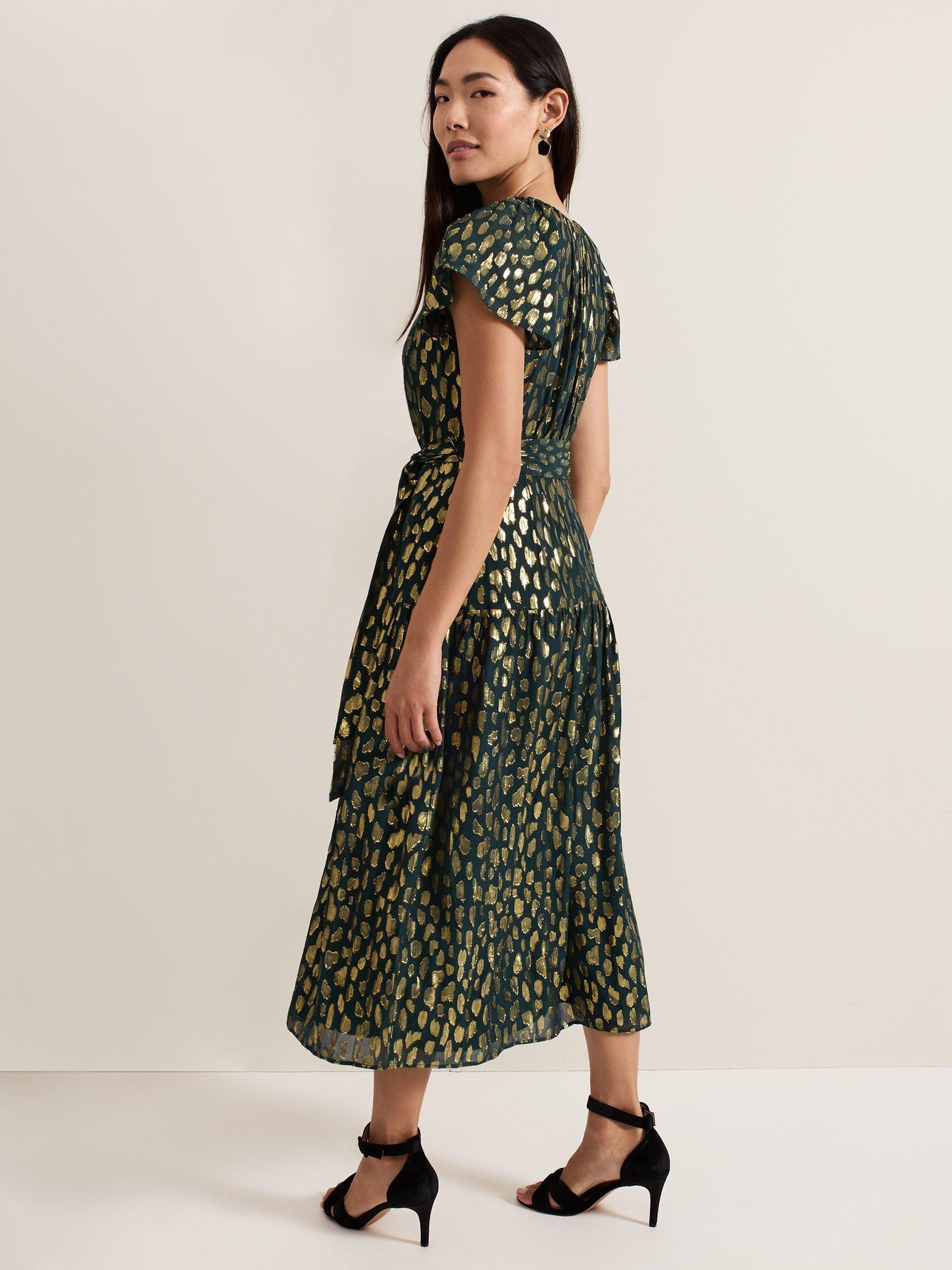 Product image 2 of 7, which shows Phase Eight Lilani Dress, Dark Green/Gold, 12
