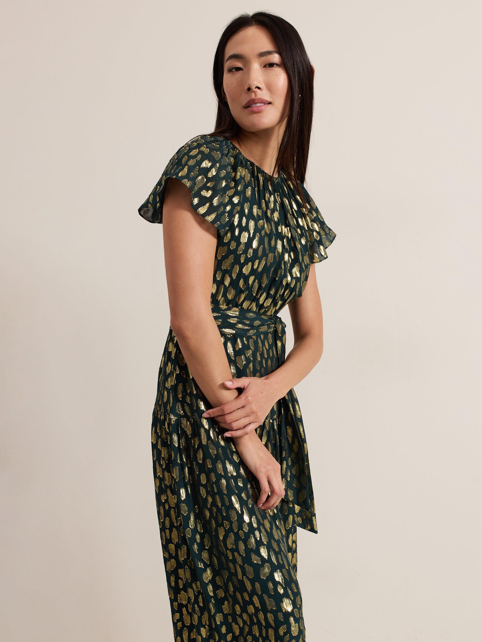Product image 3 of 7, which shows Phase Eight Lilani Dress, Dark Green/Gold, 12