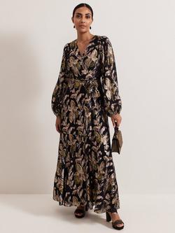 Phase Eight Petite Ellio Metallic Leaf Silk Blend Maxi Dress, Multi, Multi