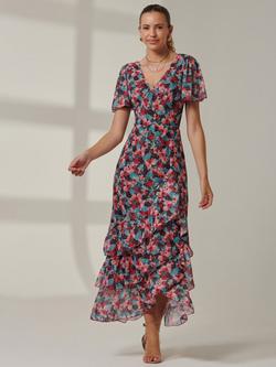 Jolie Moi Floral Angel Sleeve Tiered Maxi Dress, Teal/Multi, Teal/Multi