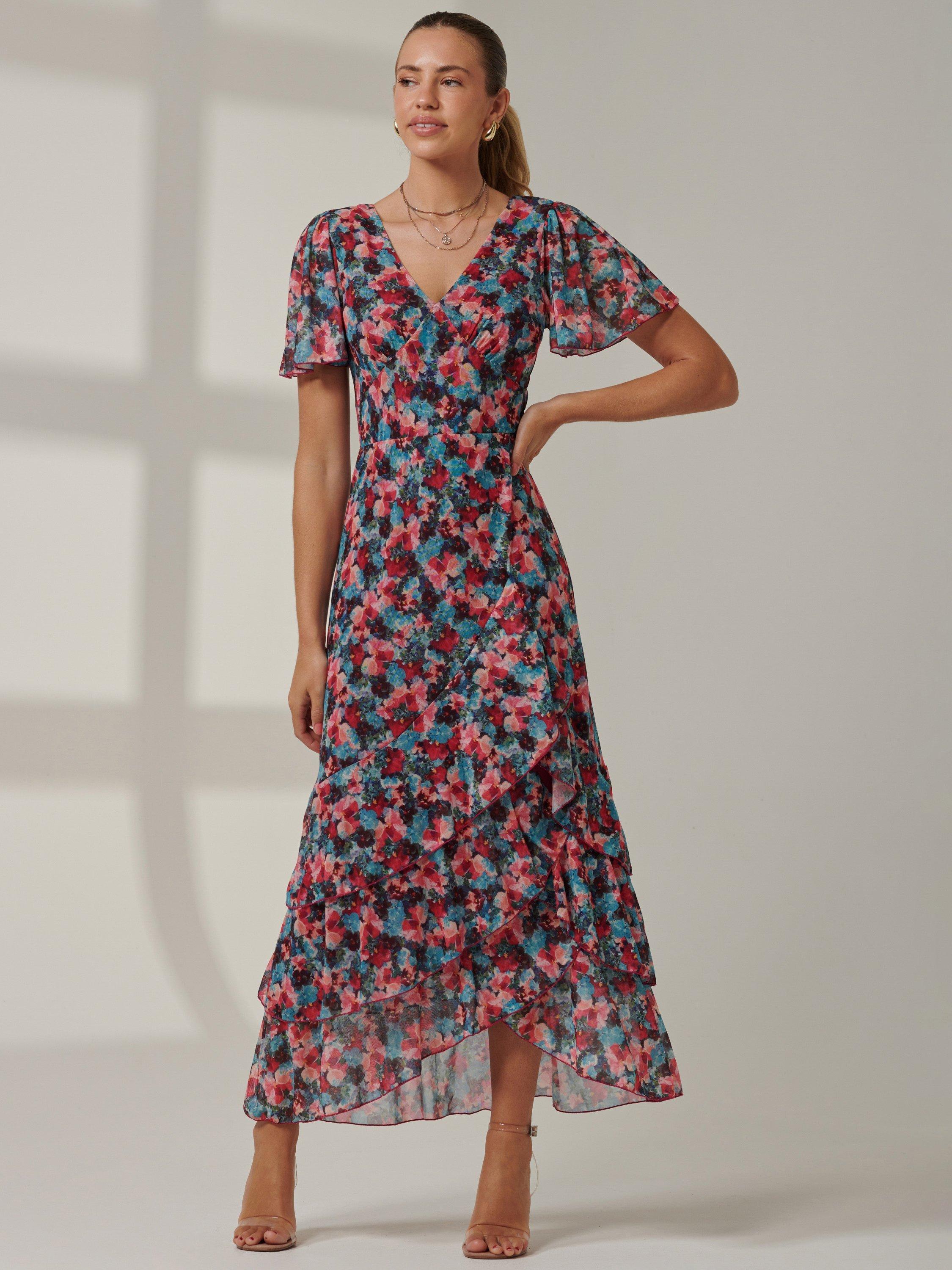 Product image 3 of 7, which shows Jolie Moi Floral Angel Sleeve Tiered Maxi Dress, Teal/Multi, 8