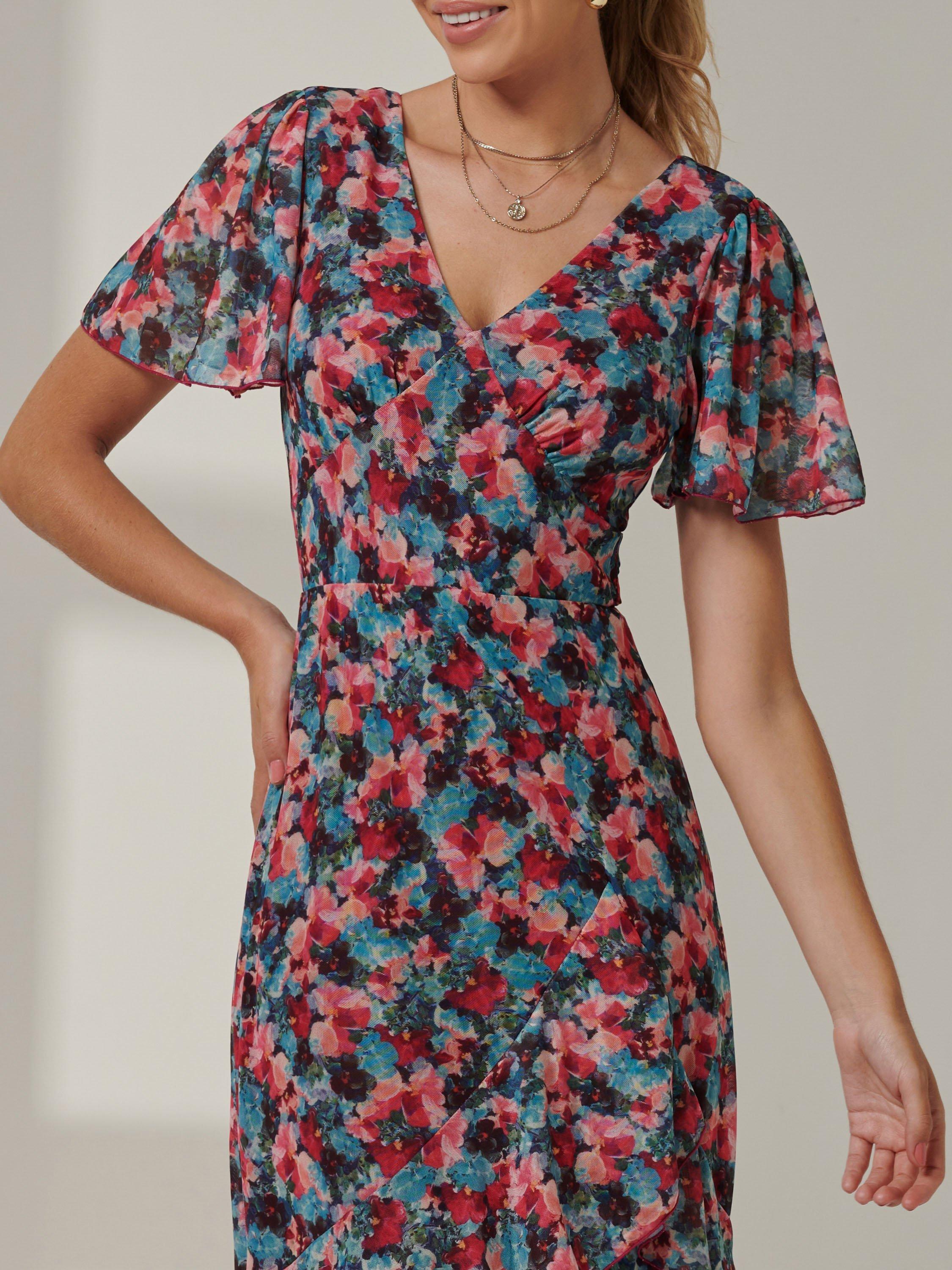 Product image 4 of 7, which shows Jolie Moi Floral Angel Sleeve Tiered Maxi Dress, Teal/Multi, 8