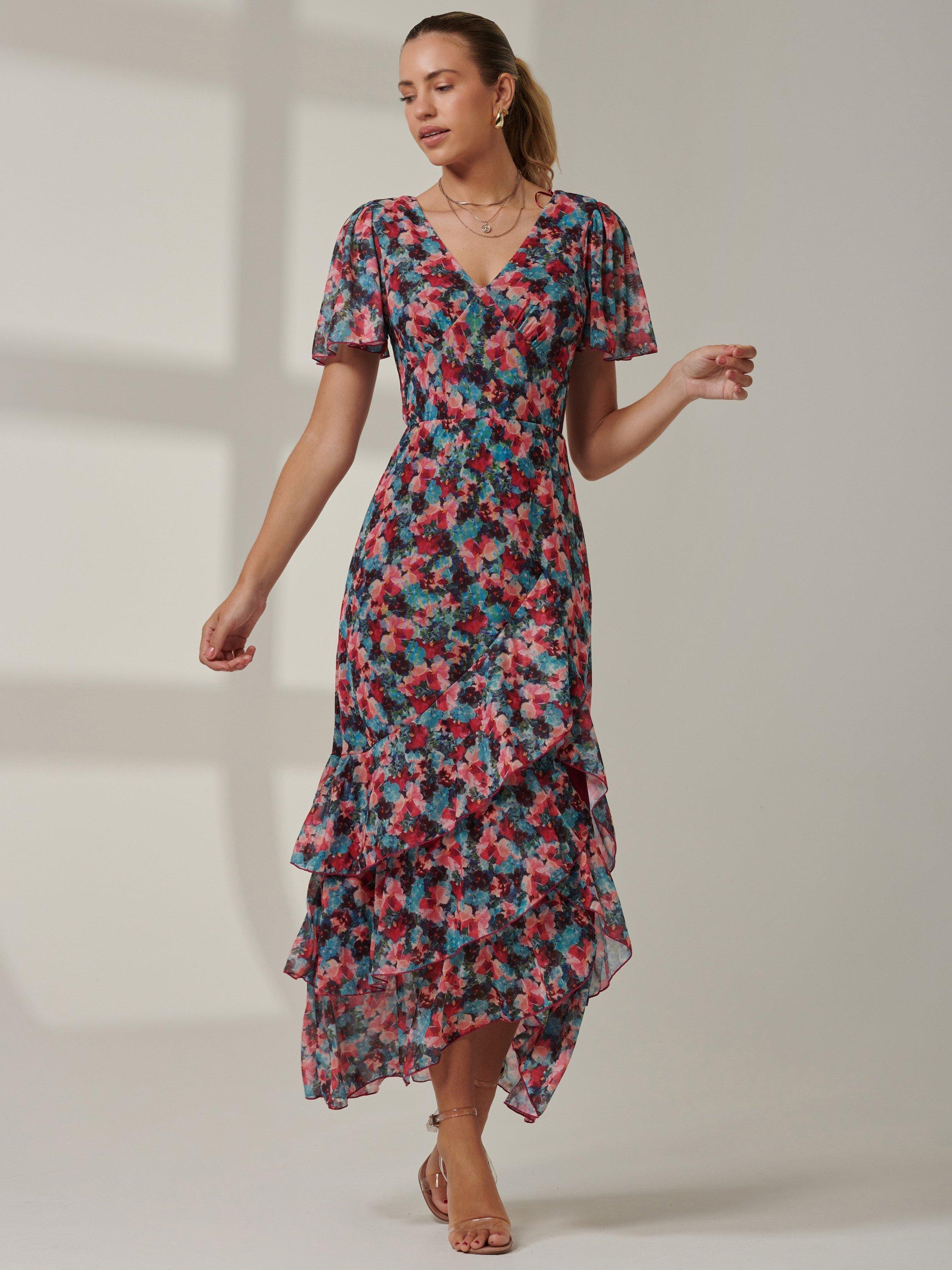 Product image 5 of 7, which shows Jolie Moi Floral Angel Sleeve Tiered Maxi Dress, Teal/Multi, 8