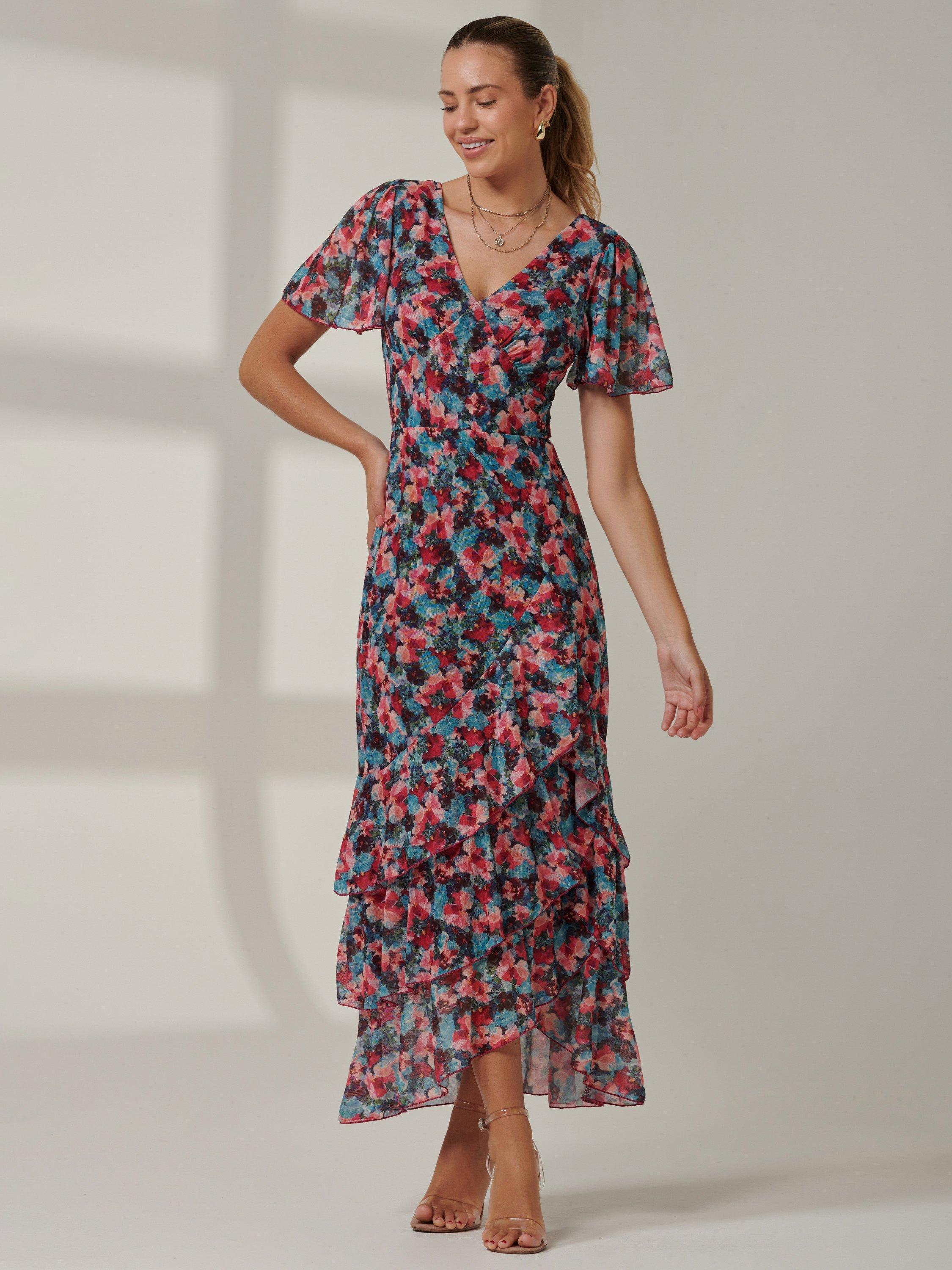 Product image 6 of 7, which shows Jolie Moi Floral Angel Sleeve Tiered Maxi Dress, Teal/Multi, 8