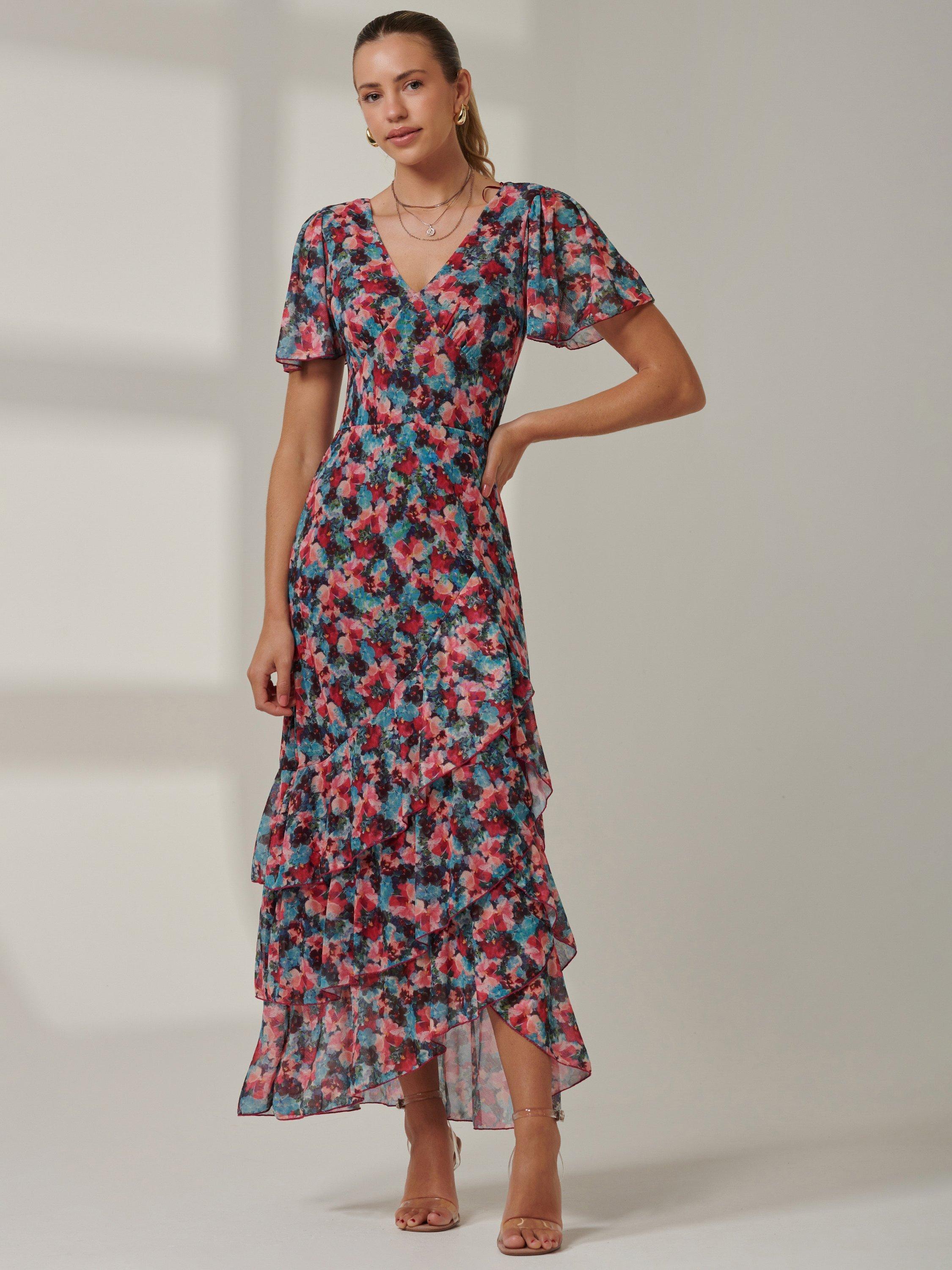 Product image 7 of 7, which shows Jolie Moi Floral Angel Sleeve Tiered Maxi Dress, Teal/Multi, 8