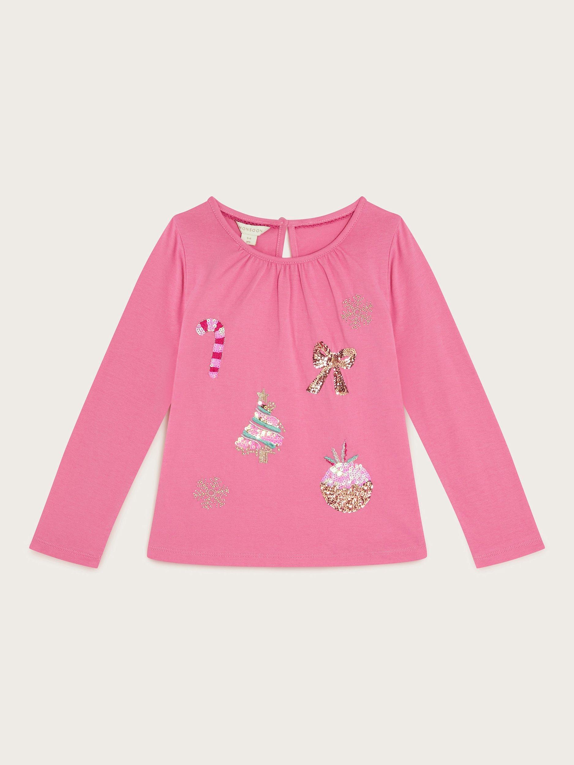 Monsoon Kids' Christmas Embellished Long Sleeve Cotton Top, Pink