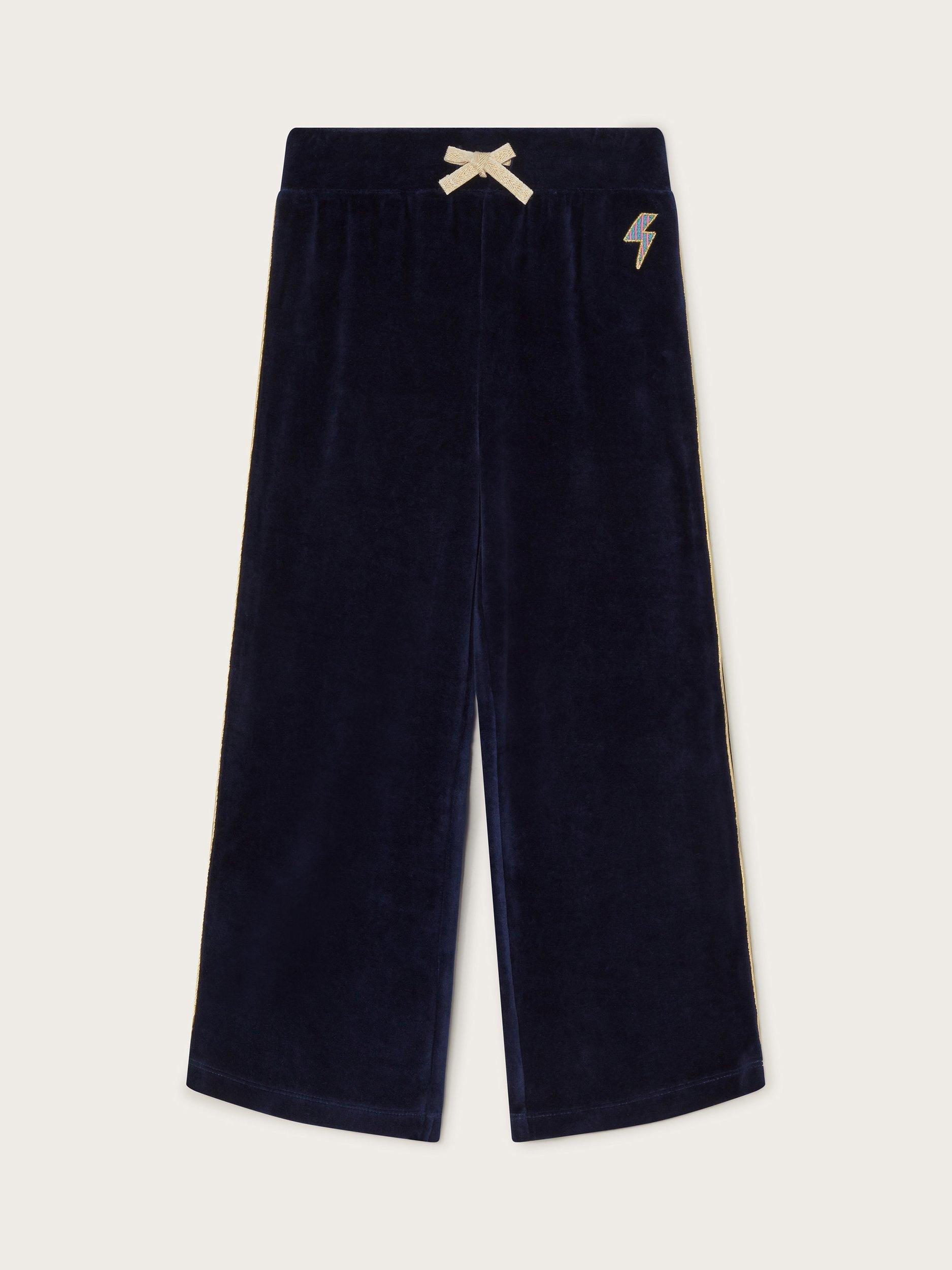 Product image 1 of 3, which shows Monsoon Kids' Velour Joggers, Navy, 3-4 years