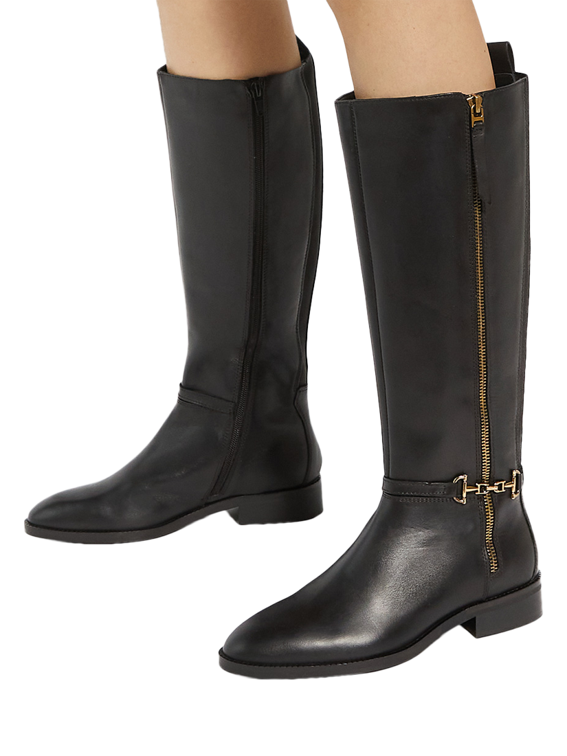Product image 2 of 6, which shows Dune Taylyn Wide Fit Snaffle Trim Leather Knee High Boots, Black, EU36