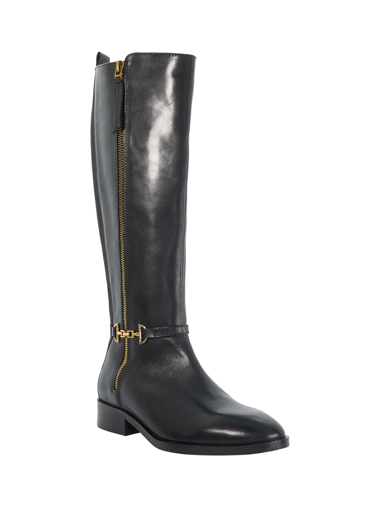 Product image 4 of 6, which shows Dune Taylyn Wide Fit Snaffle Trim Leather Knee High Boots, Black, EU36