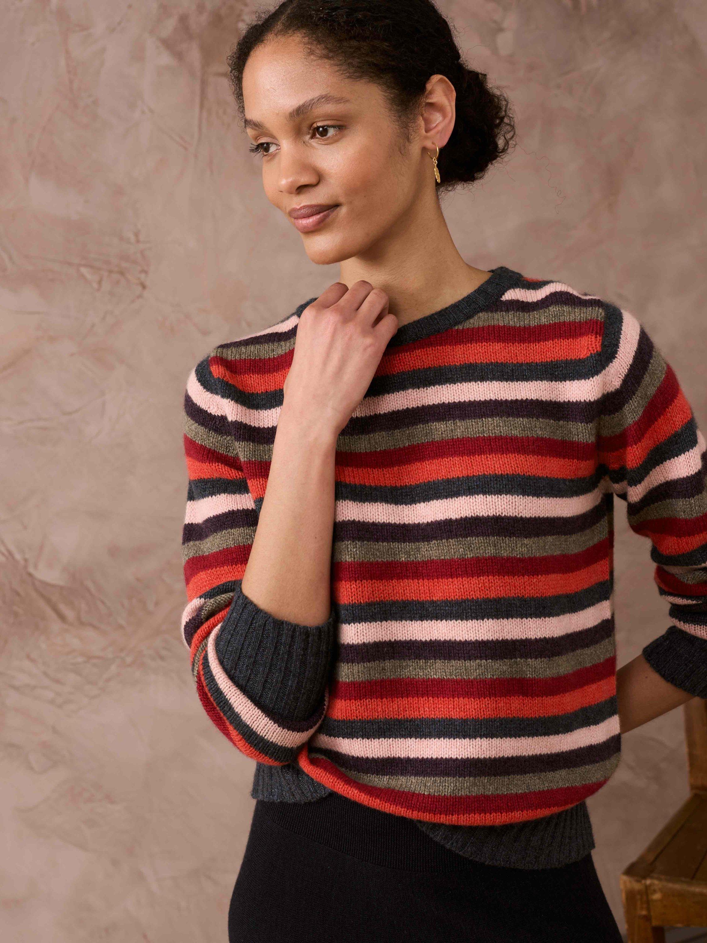 Brora Gauzy Stripe Cashmere Jumper, Steel/Multi