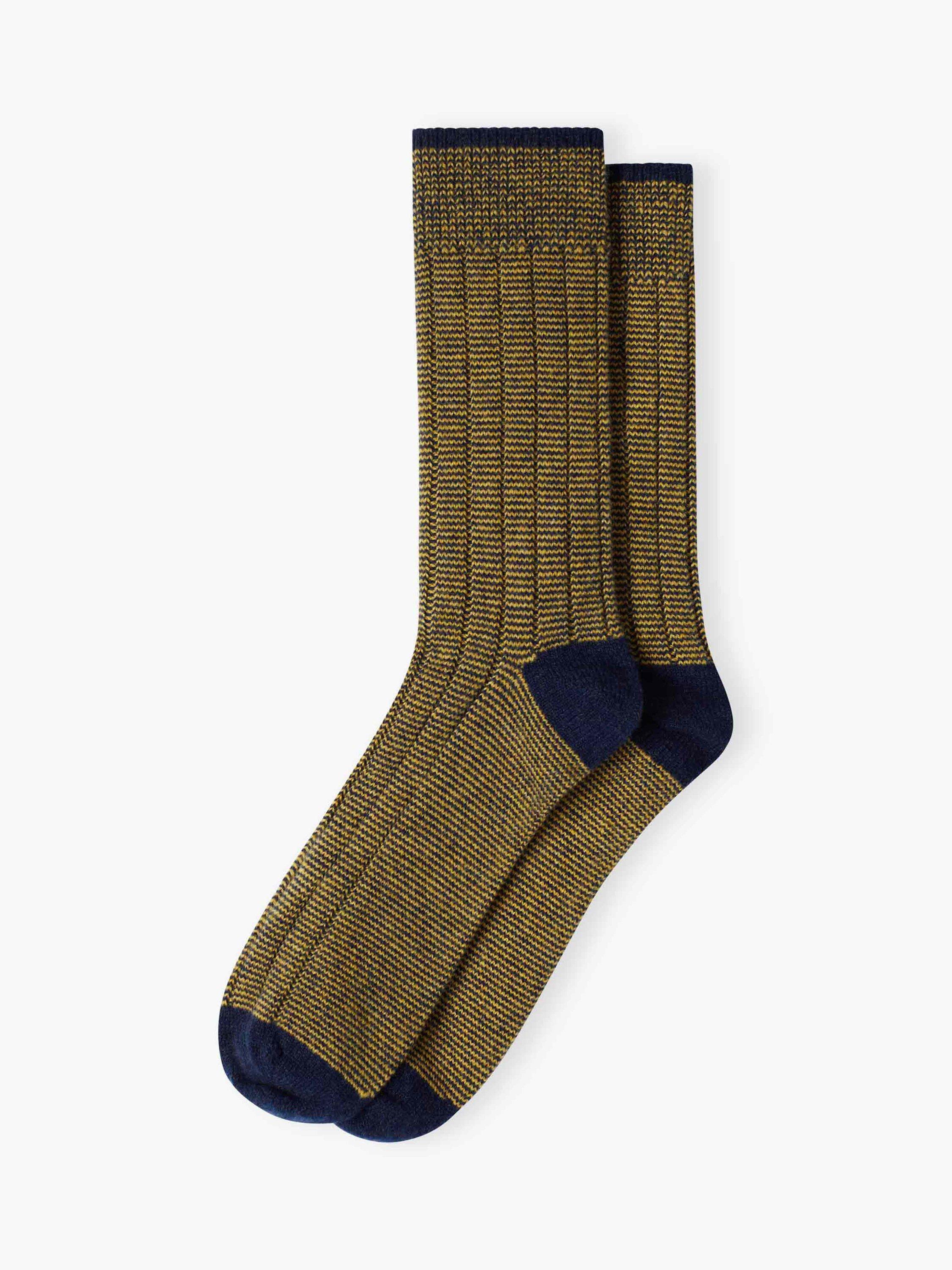 Brora Stripy Cashmere Blend Socks, French Navy/Ochre