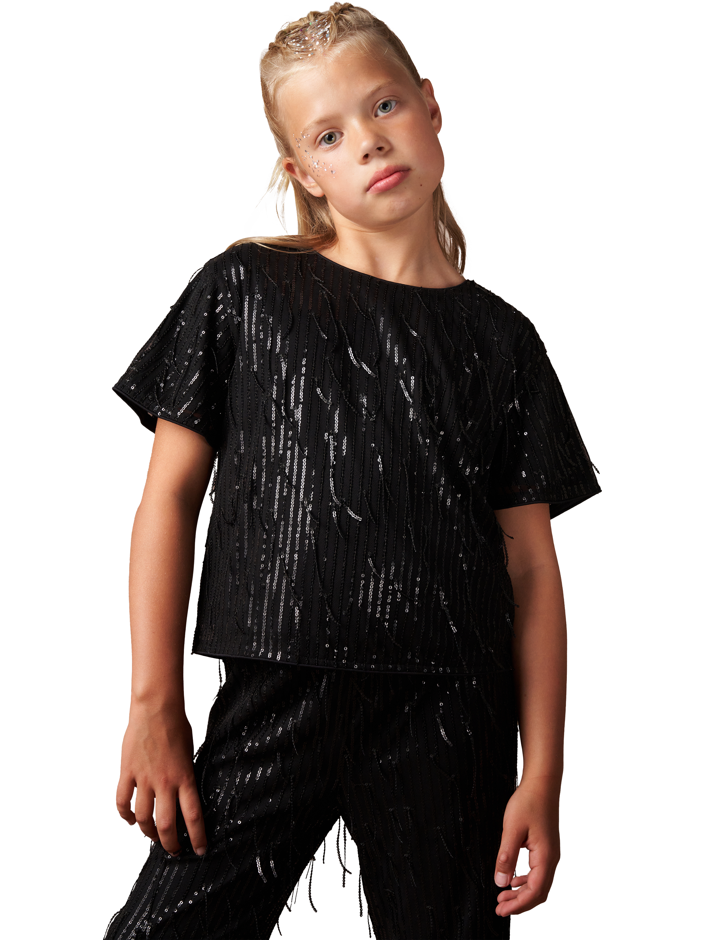 Product image 1 of 6, which shows Angel & Rocket Kids' Tassel Sequin Top, Black, 3 years