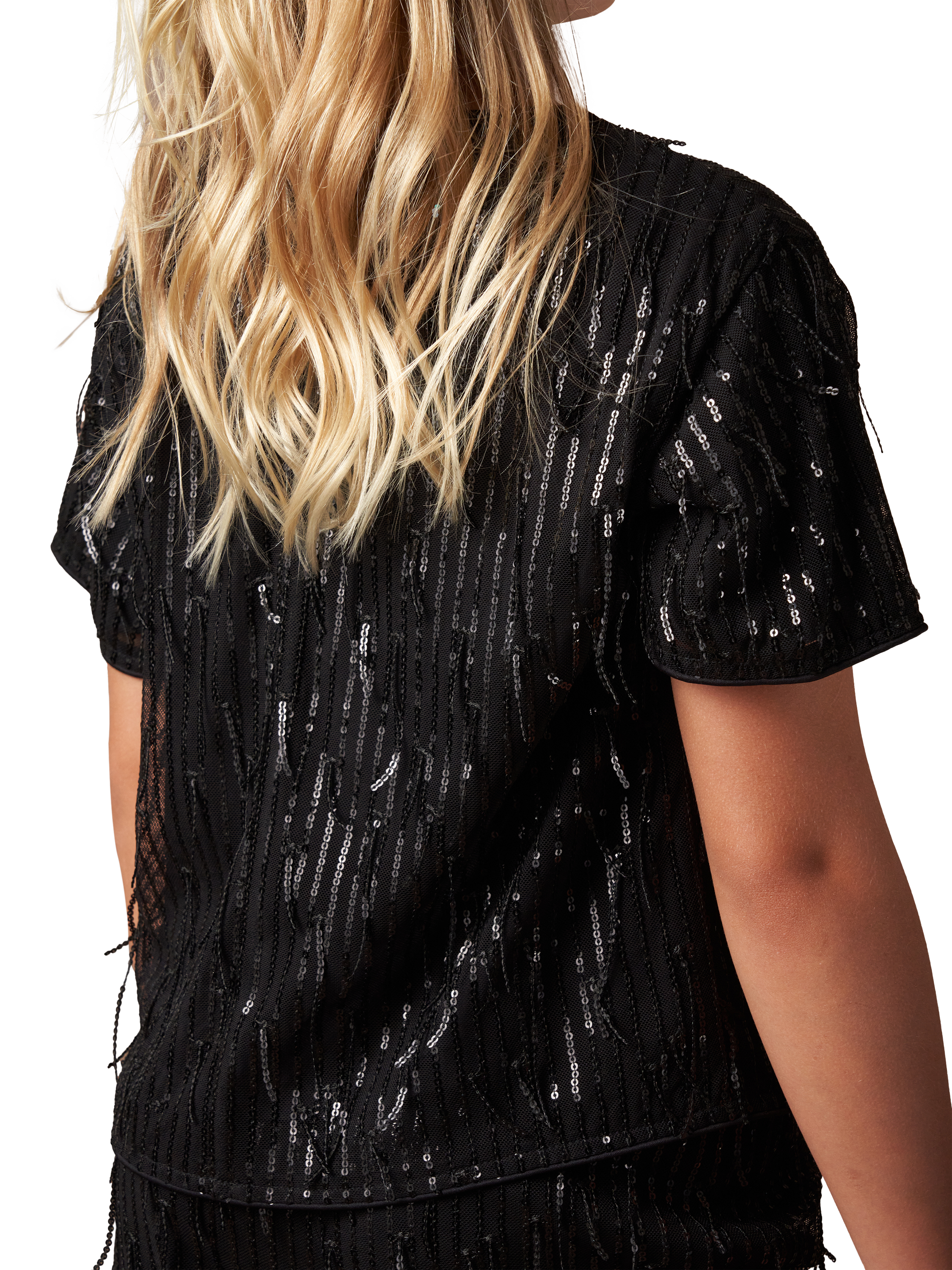Product image 2 of 6, which shows Angel & Rocket Kids' Tassel Sequin Top, Black, 3 years