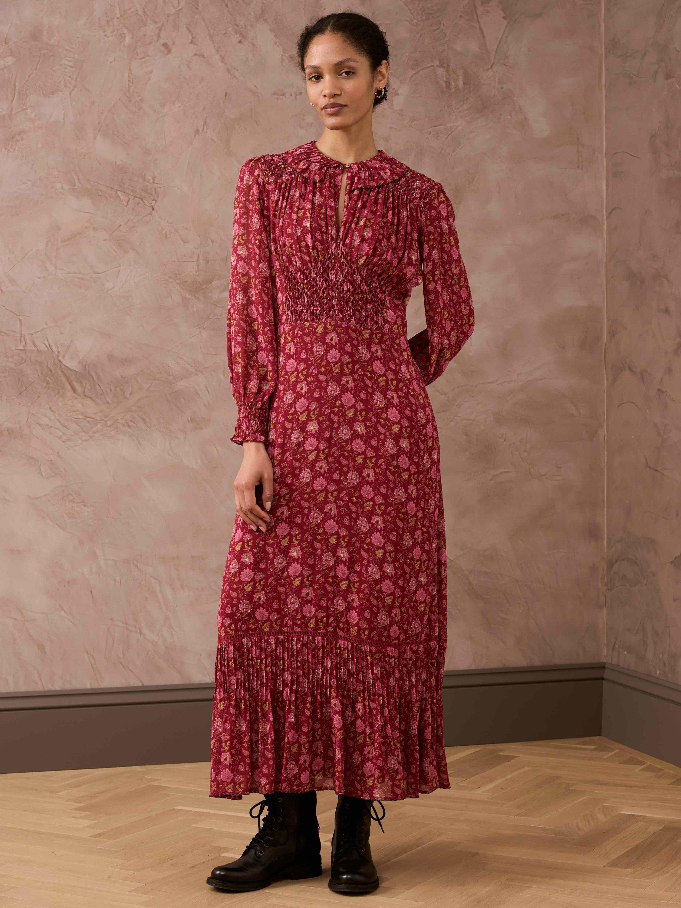 Brora Block Floral Silk Dress Damson Rose