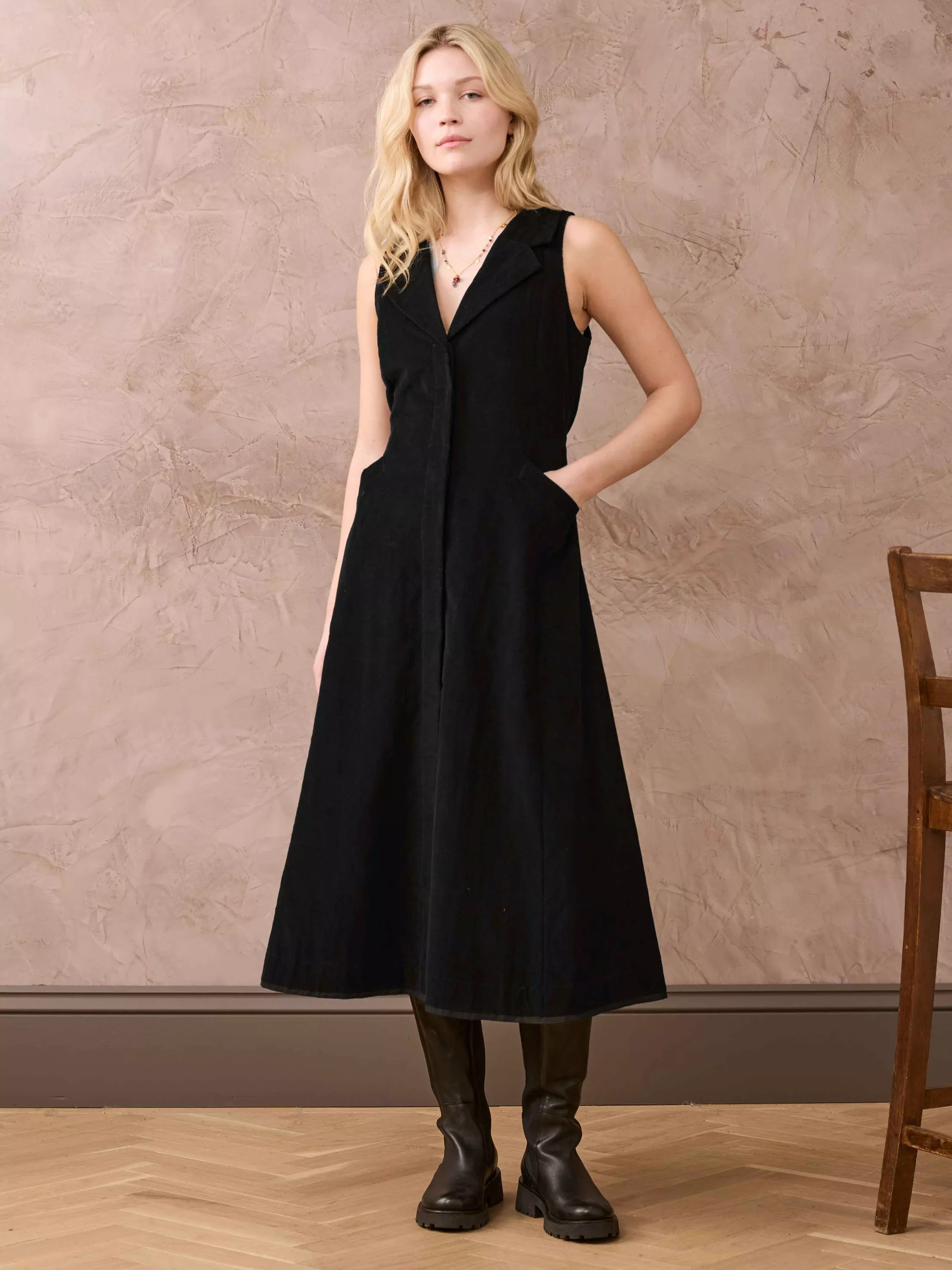 Brora Needlecord Pinafore Dress Black