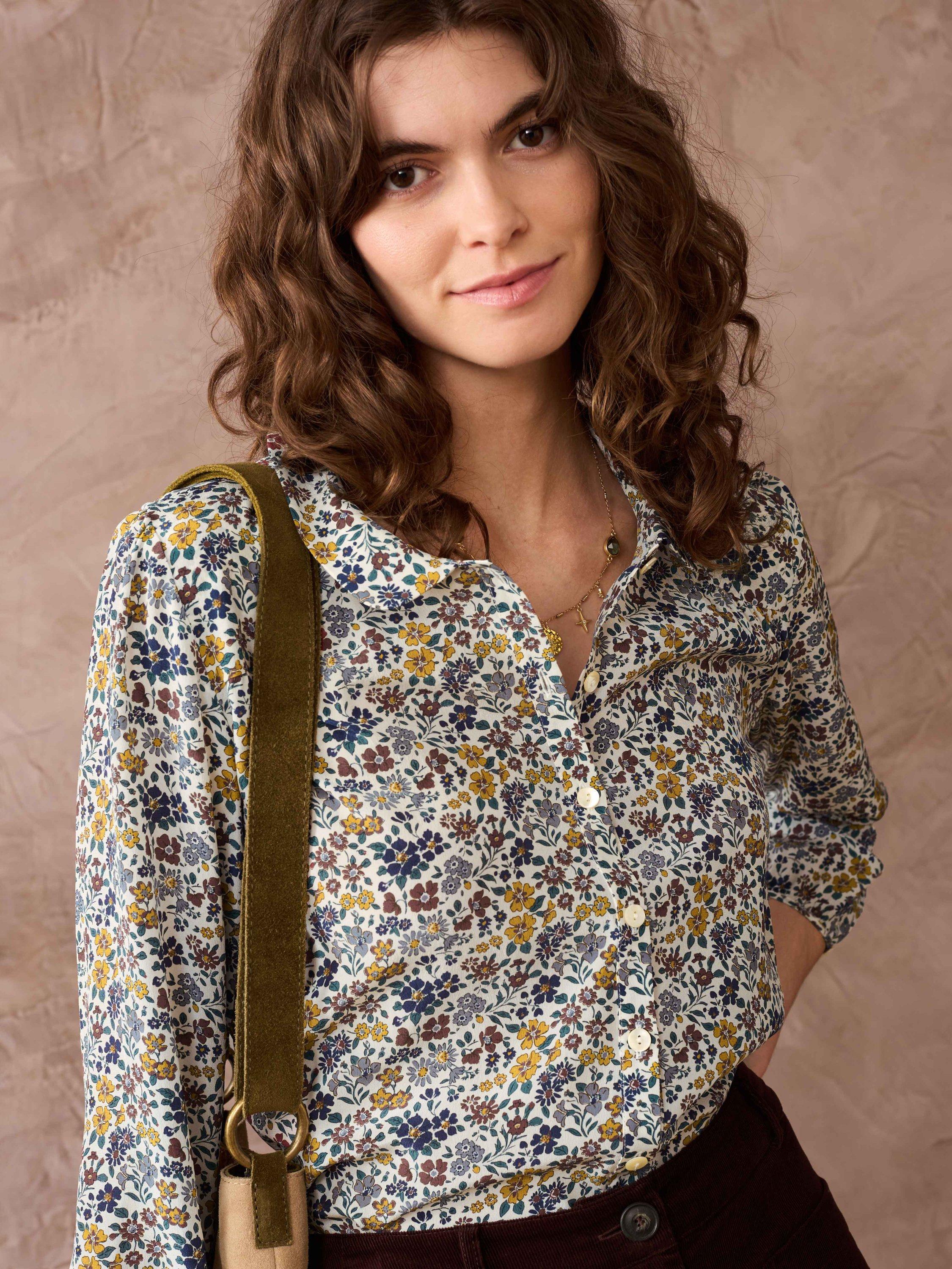 Product image 1 of 5, which shows Brora Liberty Print Peter Pan Collar Silk Shirt, Multi, 6