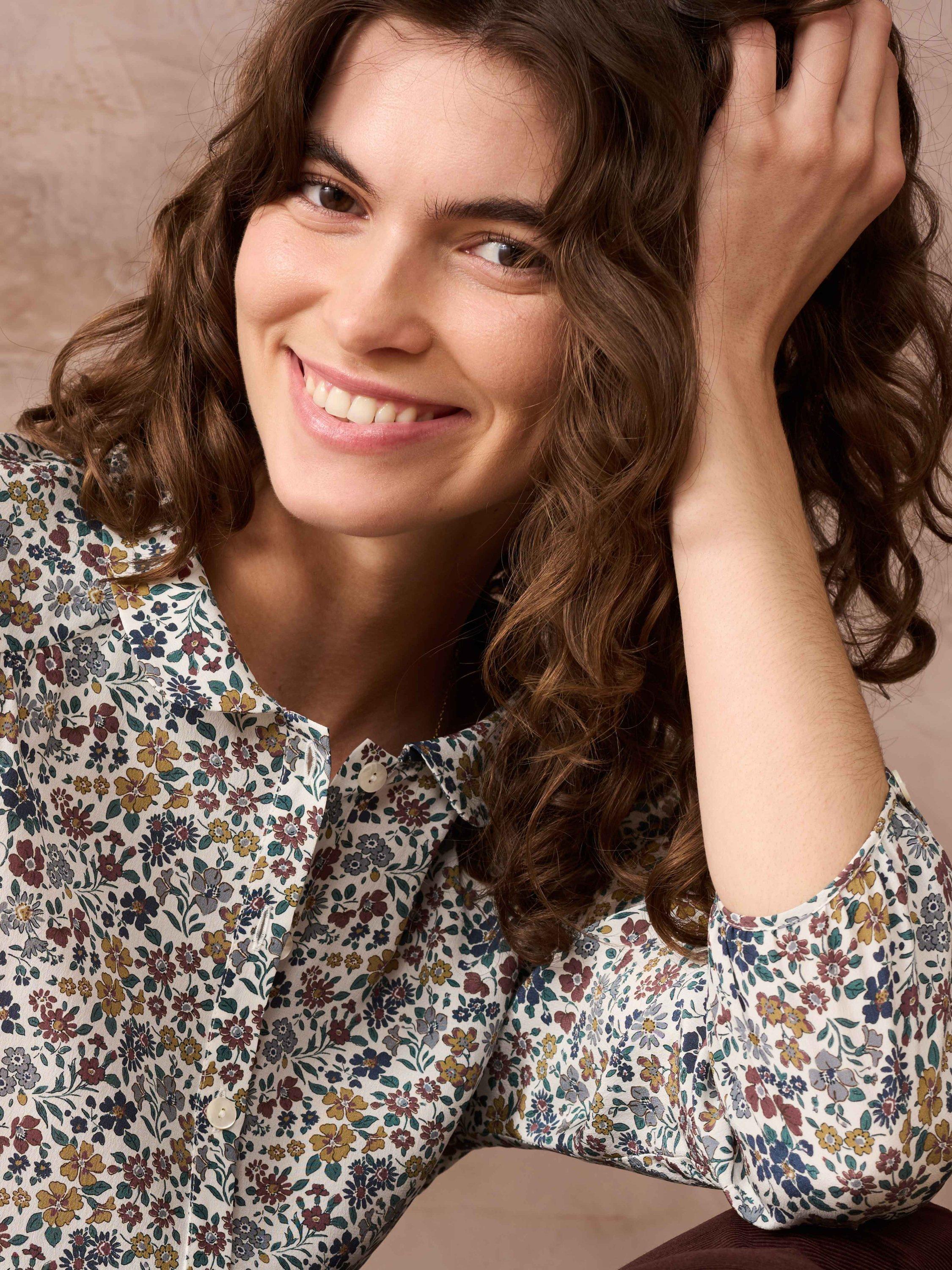 Product image 4 of 5, which shows Brora Liberty Print Peter Pan Collar Silk Shirt, Multi, 6