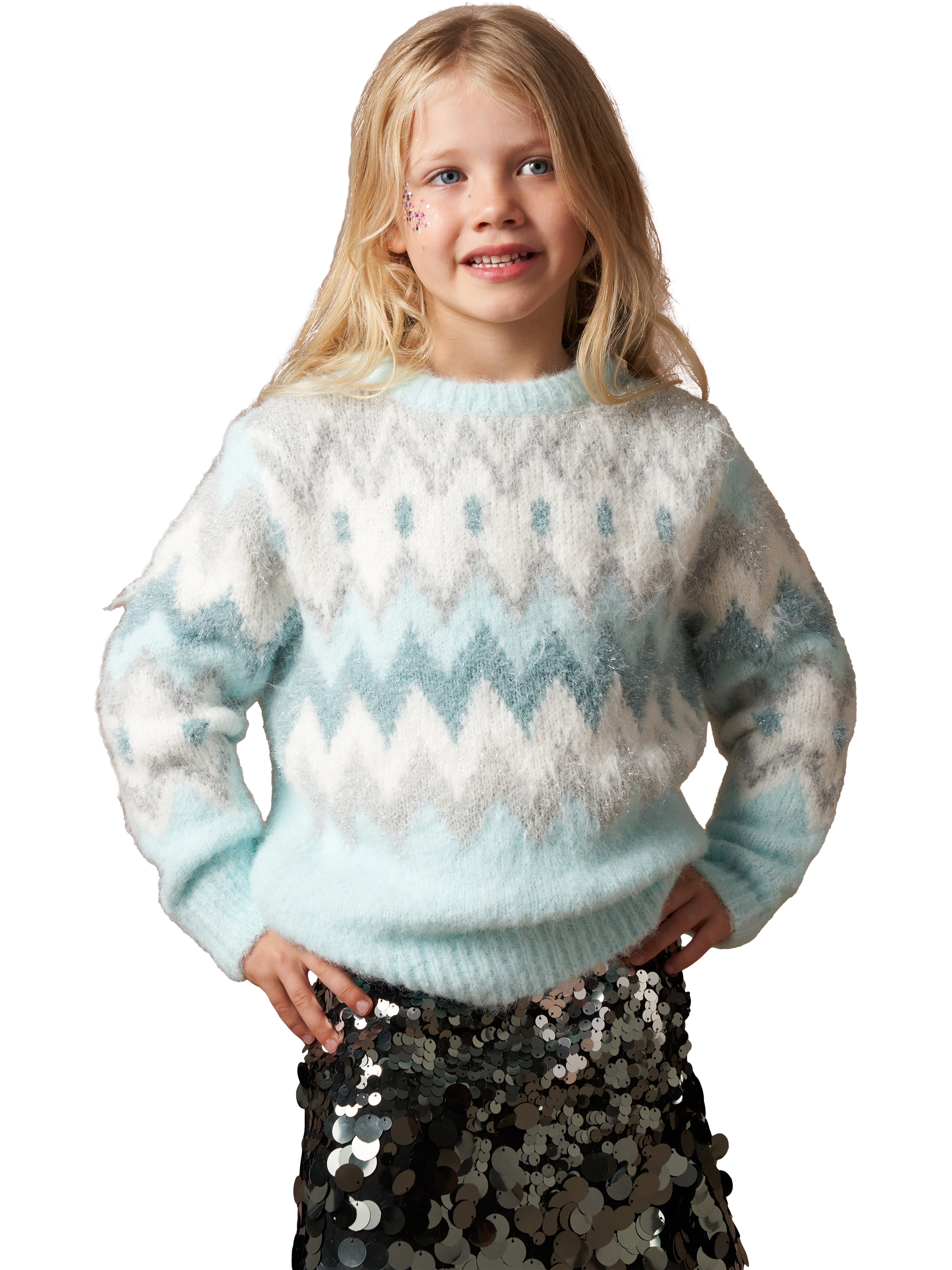 Product image 1 of 6, which shows Angel & Rocket Kids' Fairisle Jumper, Blue/Multi, 3-4 years