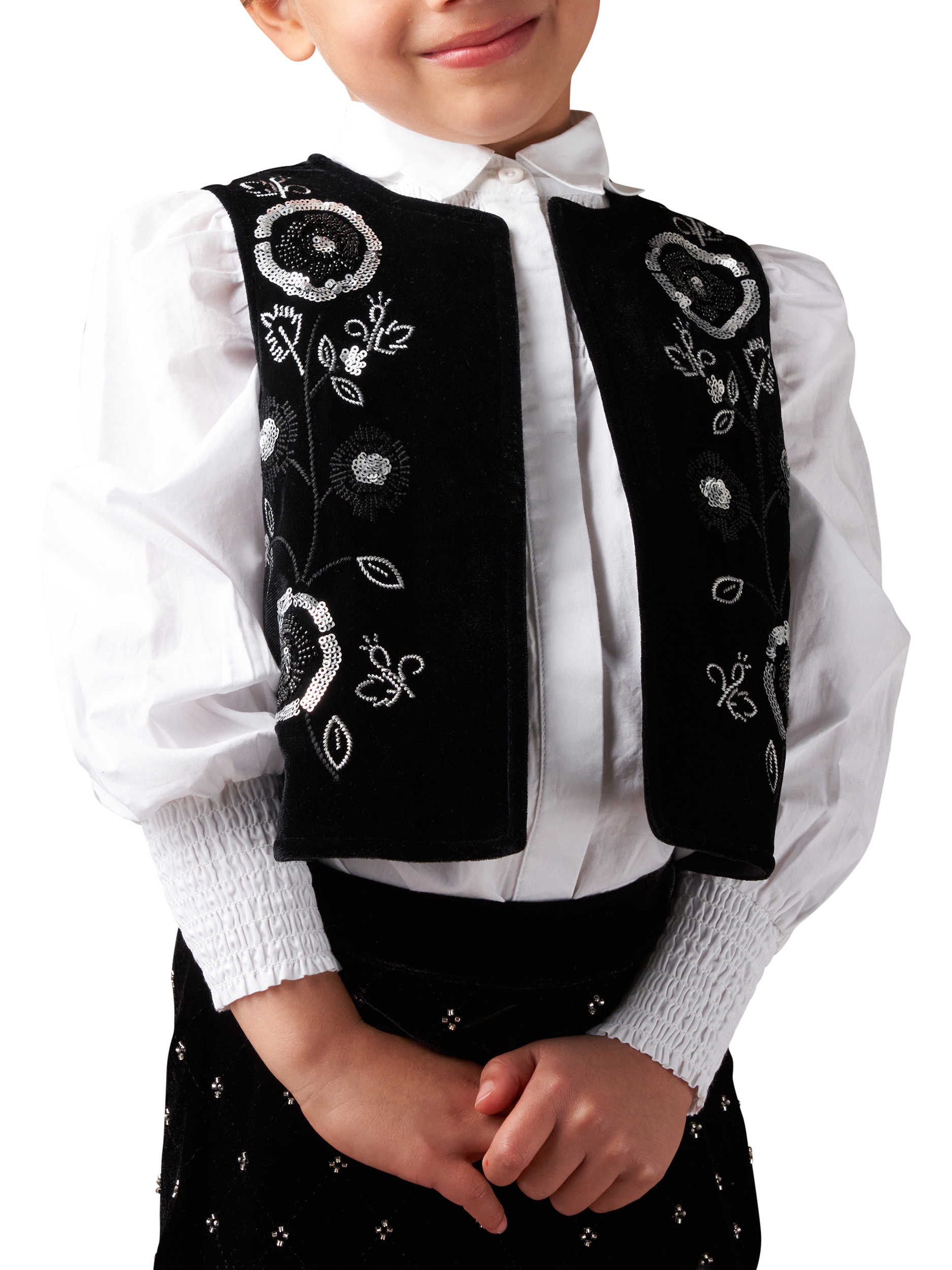 Product image 1 of 7, which shows Angel & Rocket Kids' Embroidered Velvet Waistcoat, Black, 7 years