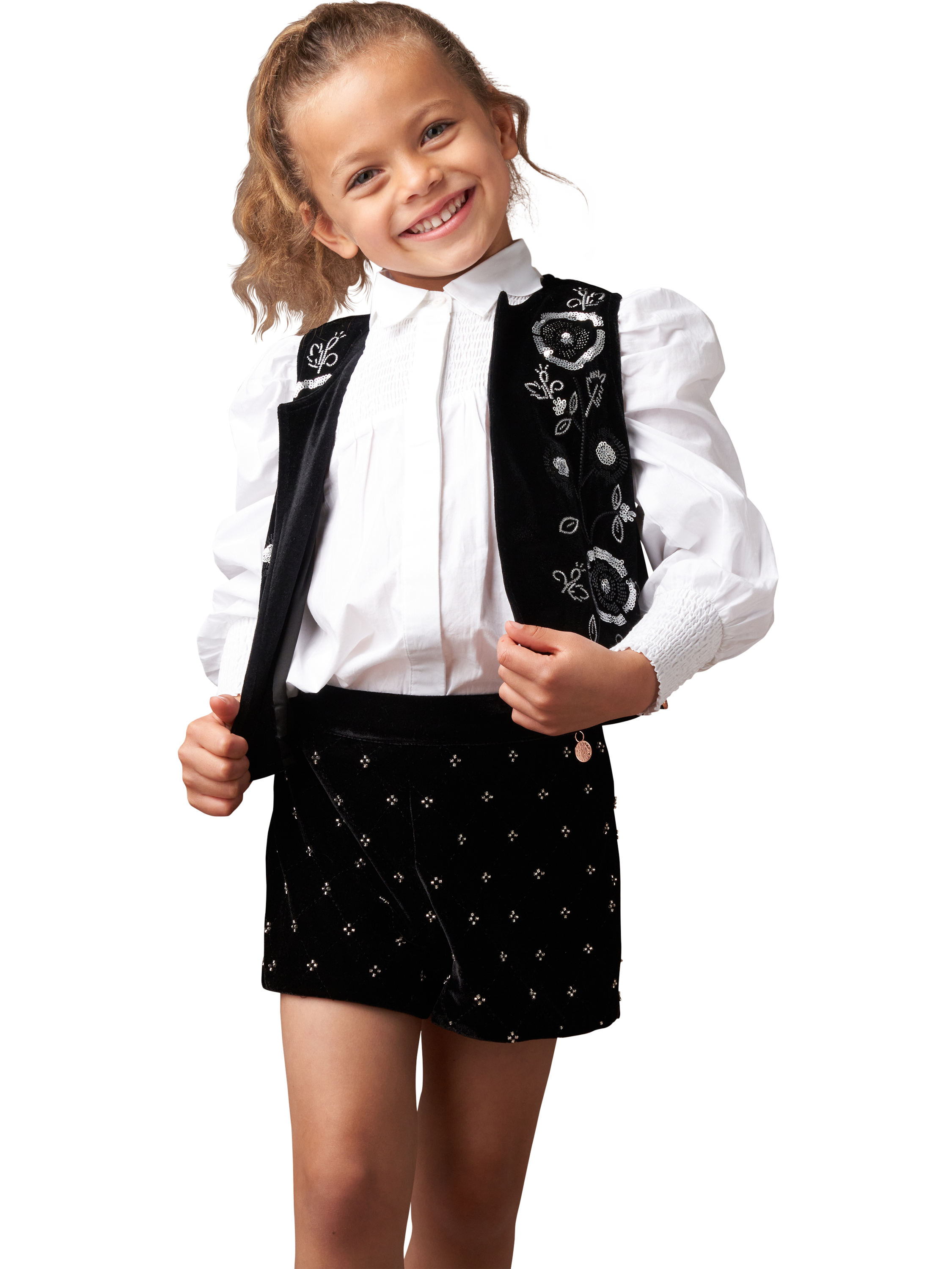 Product image 4 of 7, which shows Angel & Rocket Kids' Embroidered Velvet Waistcoat, Black, 7 years
