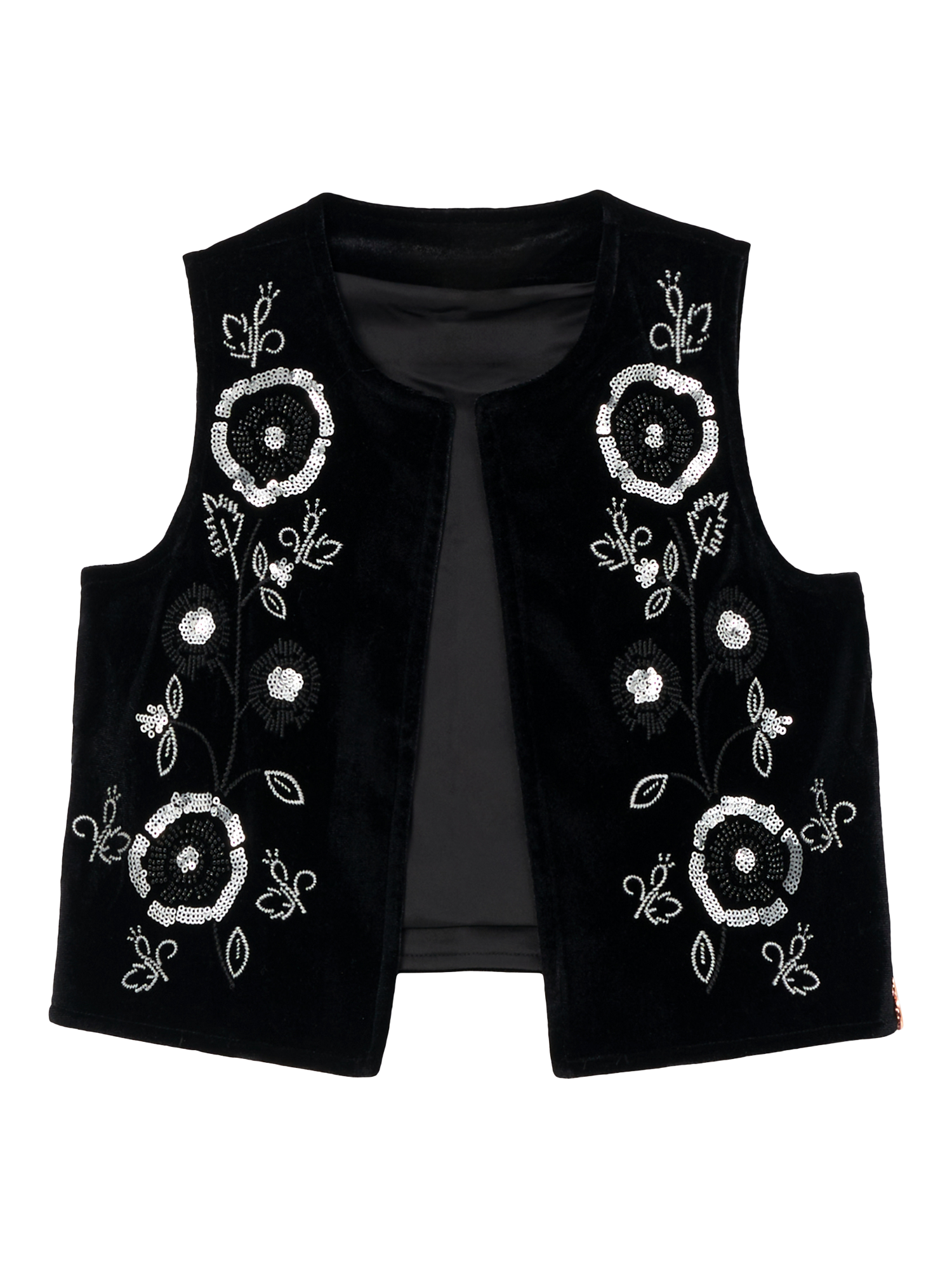 Product image 5 of 7, which shows Angel & Rocket Kids' Embroidered Velvet Waistcoat, Black, 7 years