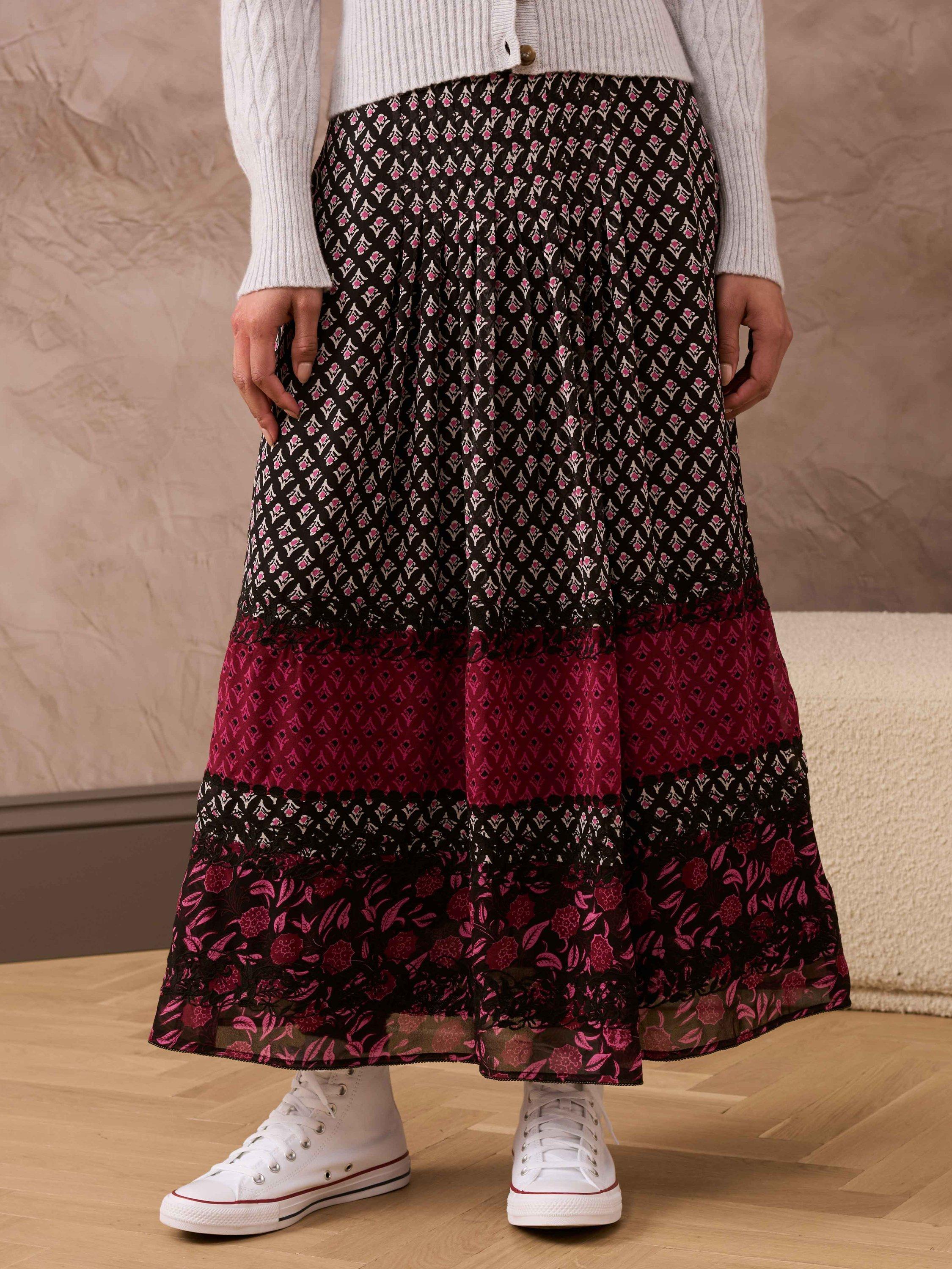 Brora Folk Patchwork Silk Skirt, Black/Plum