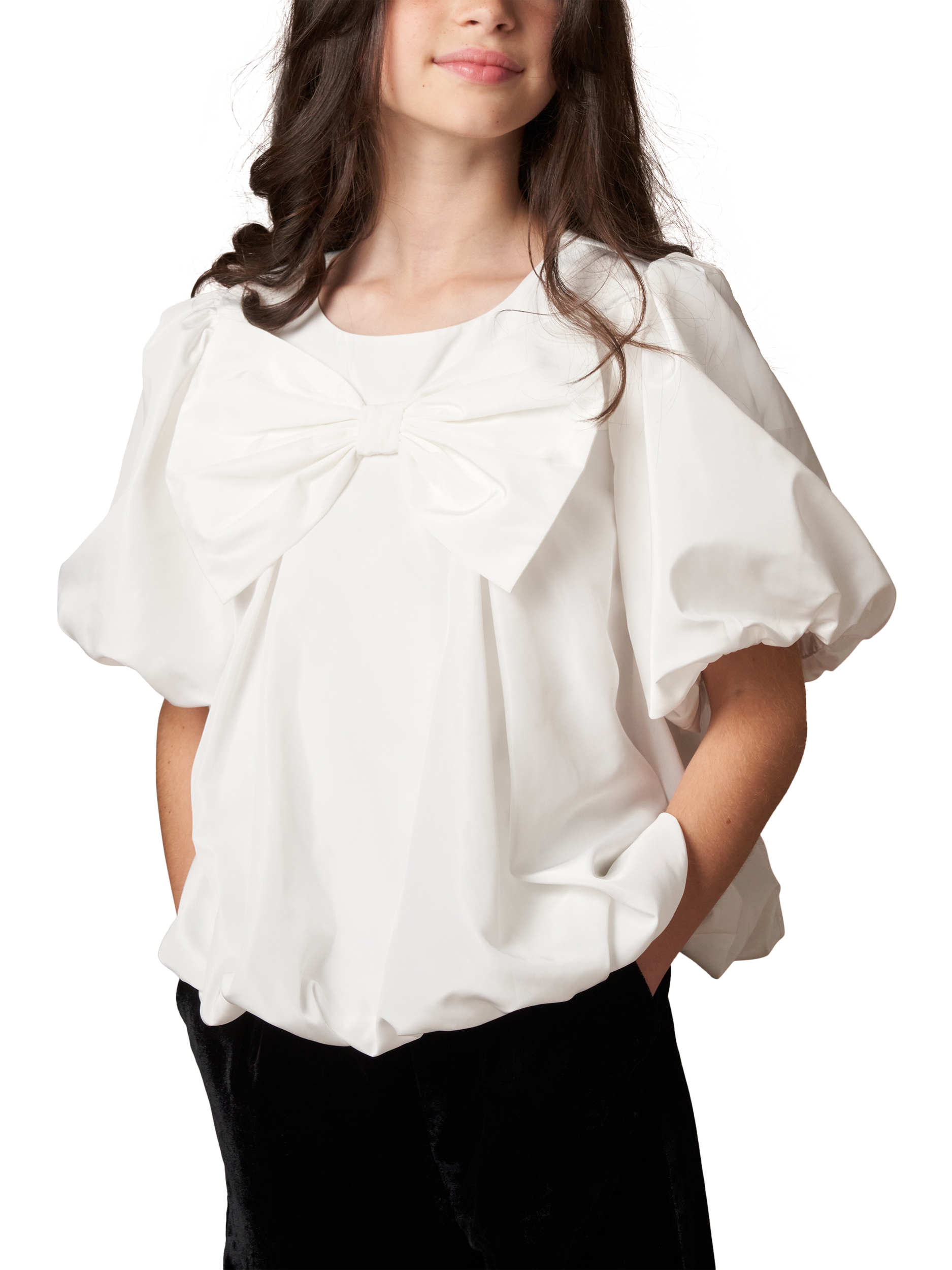 Product image 1 of 7, which shows Angel & Rocket Kids' Bubble Hem Top, Ivory, 3 years