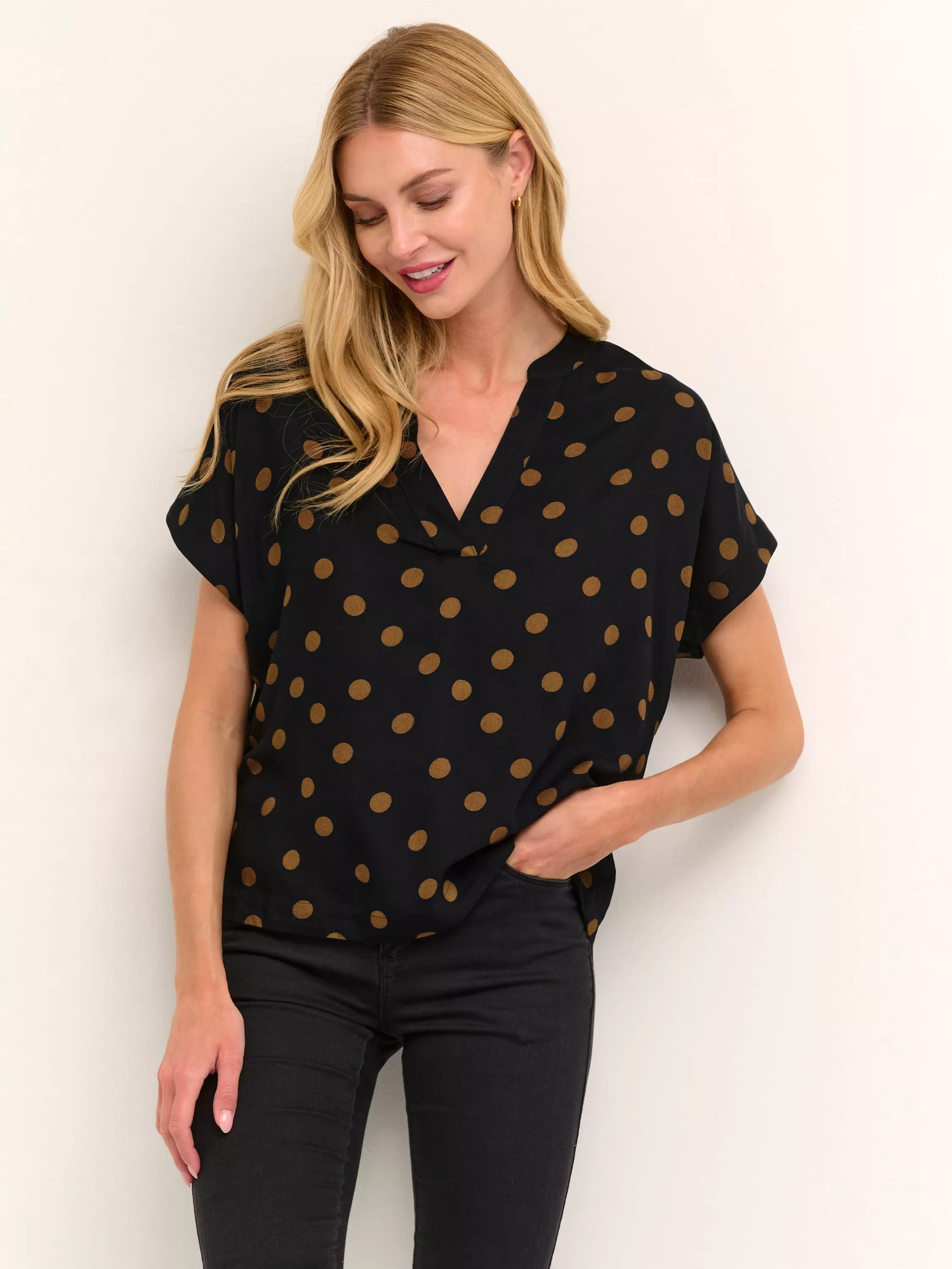 KAFFE Ano Polka Dot Top, Black/Mustang