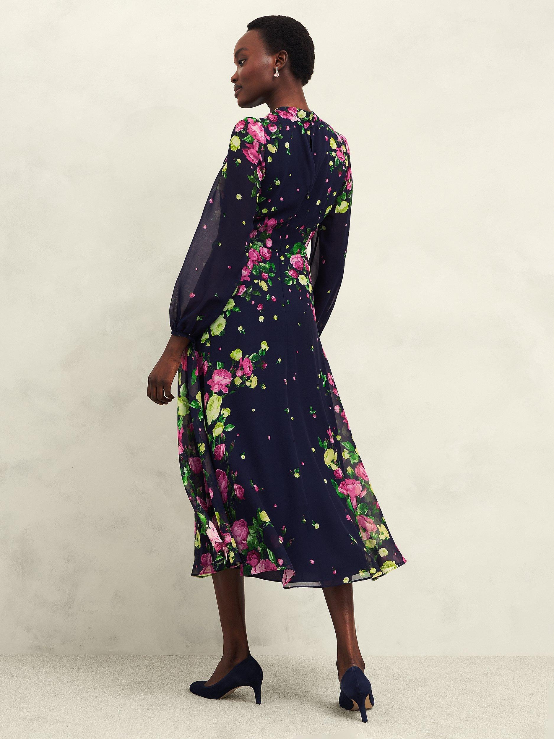 Product image 2 of 7, which shows Hobbs Eva Floral Silk Dress, Navy/Multi, 6