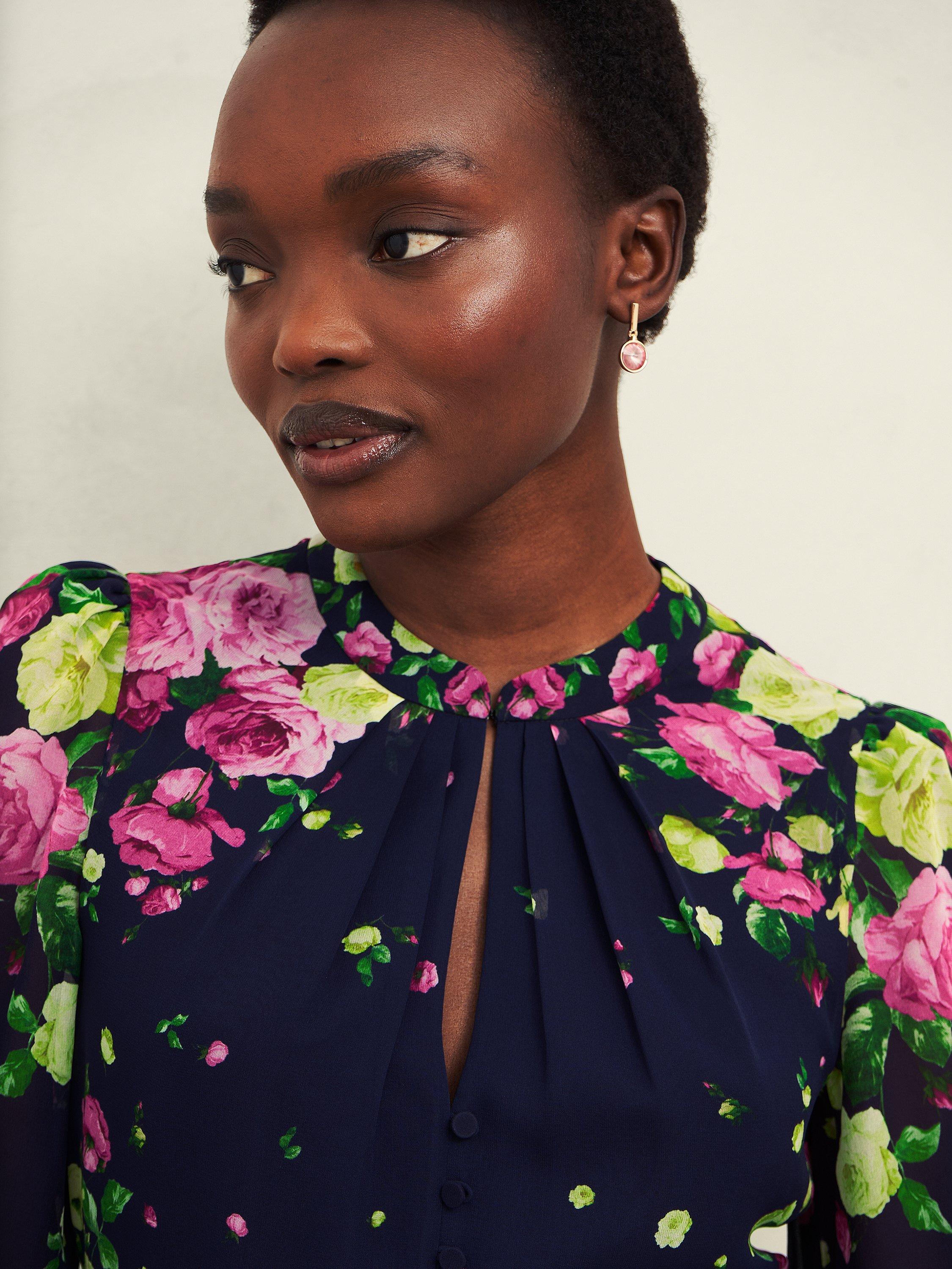 Product image 3 of 7, which shows Hobbs Eva Floral Silk Dress, Navy/Multi, 6