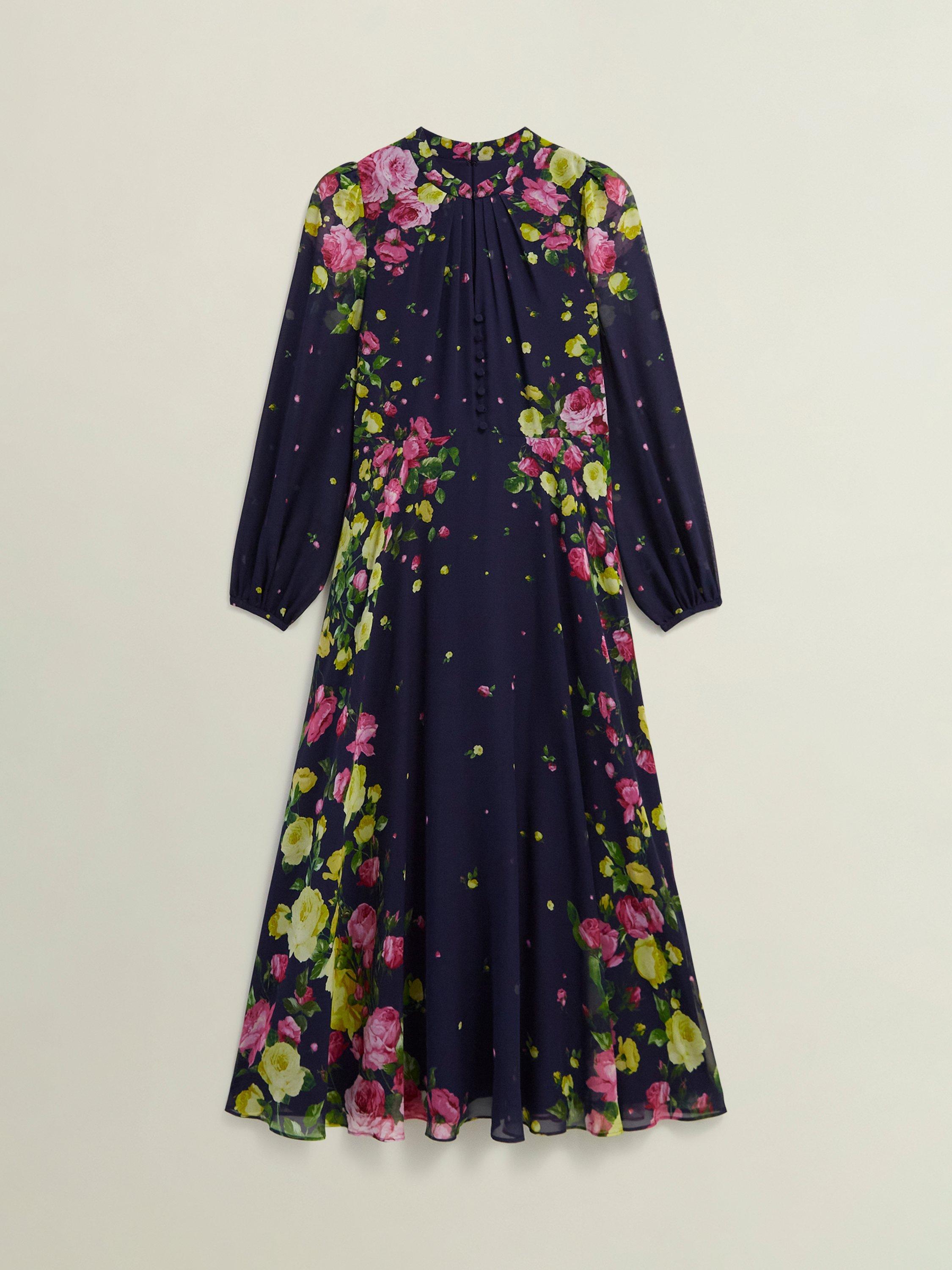 Product image 4 of 7, which shows Hobbs Eva Floral Silk Dress, Navy/Multi, 6