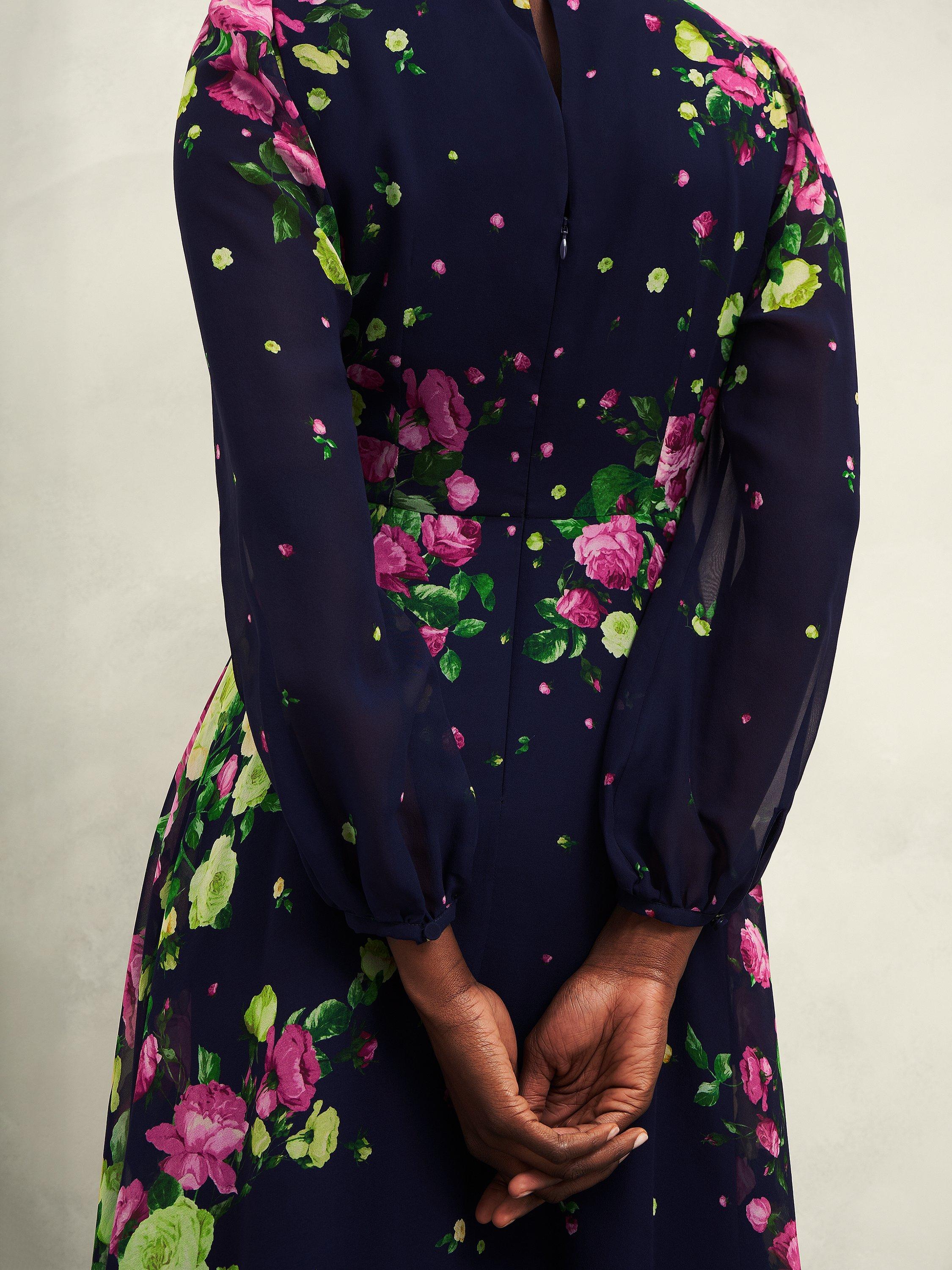 Product image 5 of 7, which shows Hobbs Eva Floral Silk Dress, Navy/Multi, 6