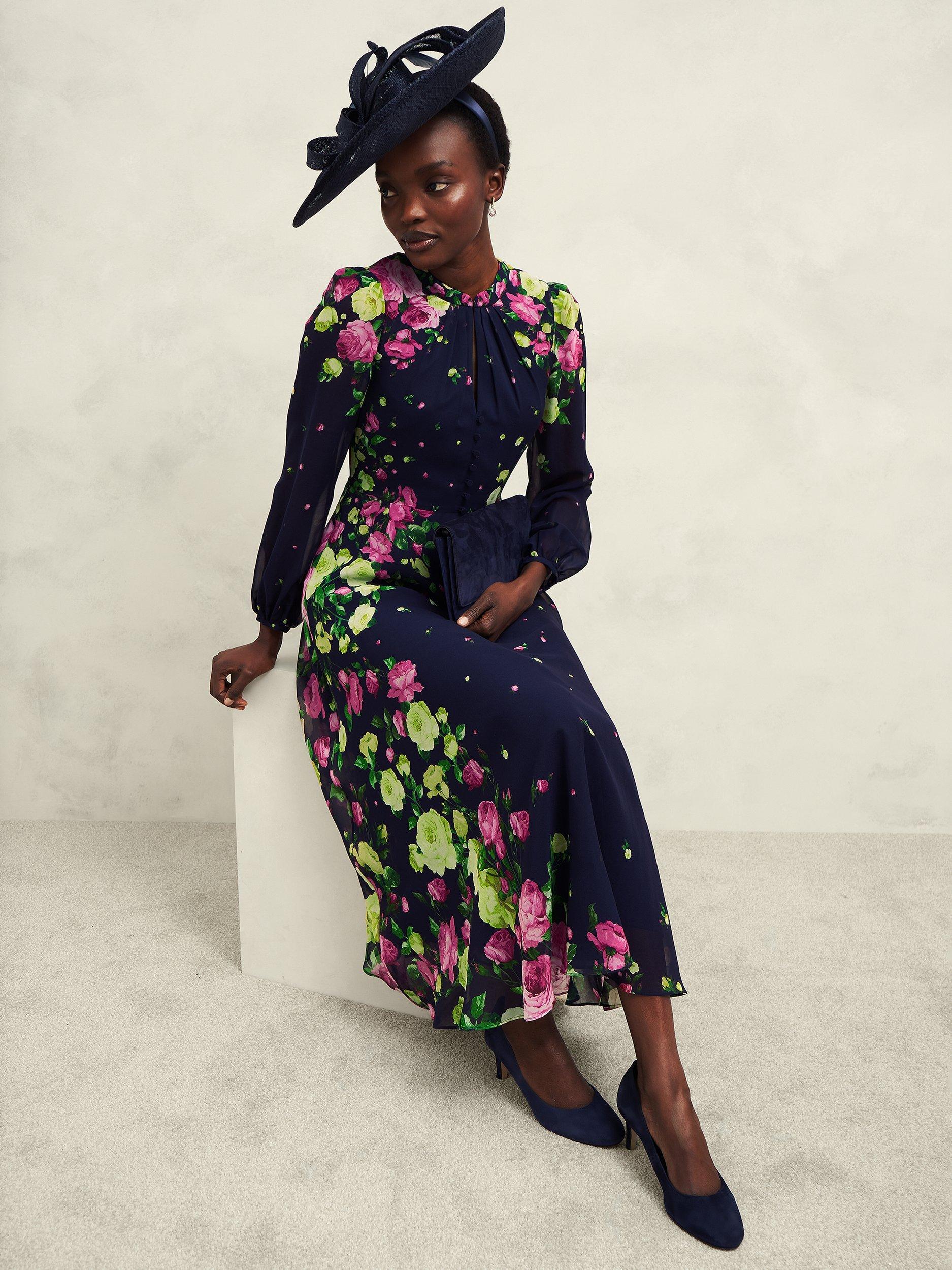 Product image 6 of 7, which shows Hobbs Eva Floral Silk Dress, Navy/Multi, 6