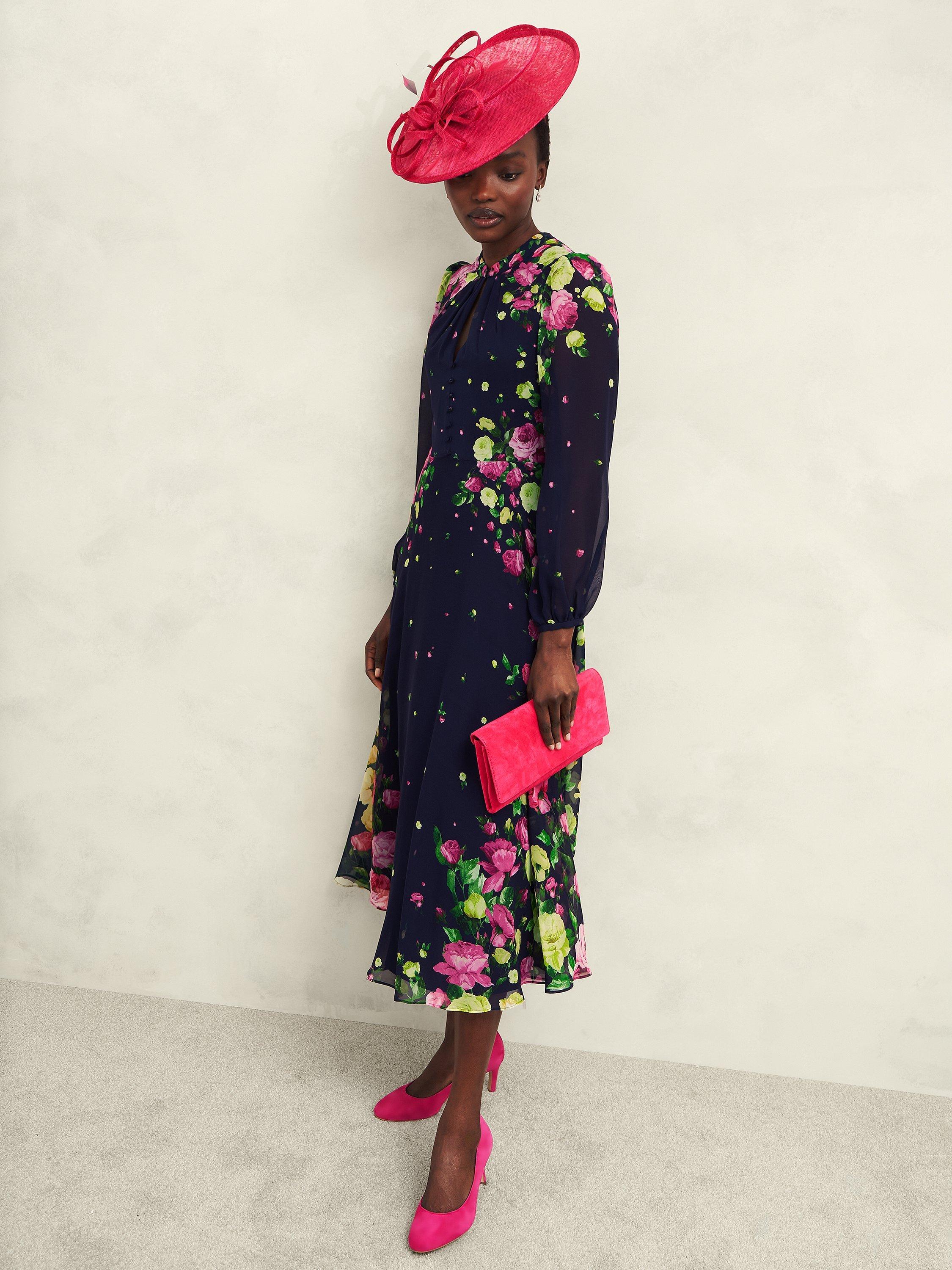 Product image 7 of 7, which shows Hobbs Eva Floral Silk Dress, Navy/Multi, 6