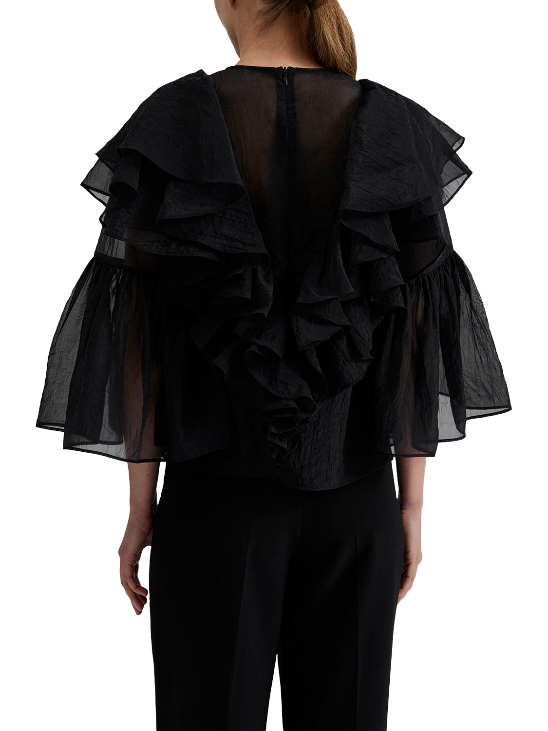 Product image 2 of 5, which shows Malina Alexia Organza Frill Top, Black, XS