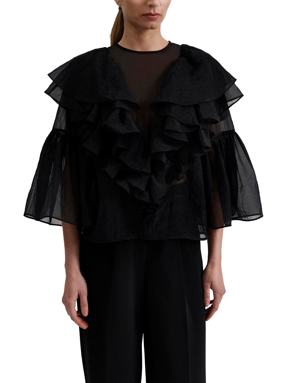 Product image 3 of 5, which shows Malina Alexia Organza Frill Top, Black, XS