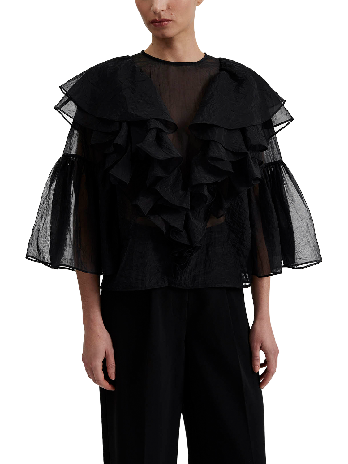 Product image 4 of 5, which shows Malina Alexia Organza Frill Top, Black, XS