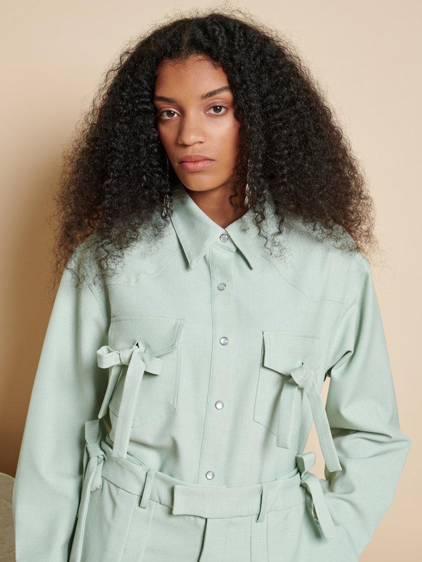 Product image 5 of 6, which shows GHOSPELL Pip Bow Detail Shirt, Sage Green, 8