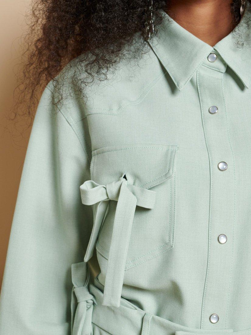 Product image 6 of 6, which shows GHOSPELL Pip Bow Detail Shirt, Sage Green, 8